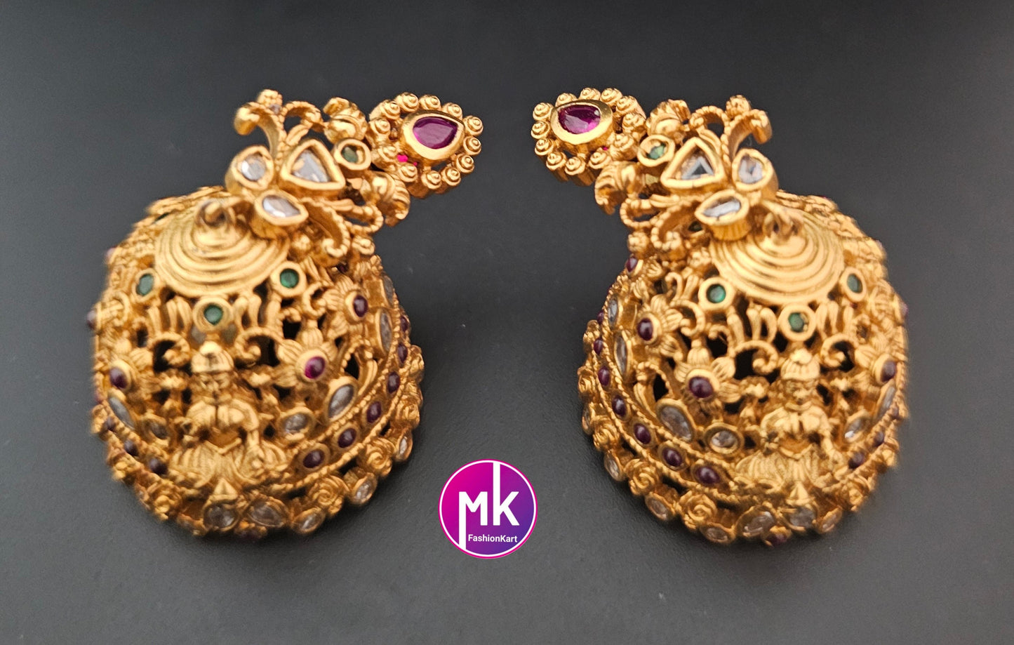 Lakshmi design premium quality matte gold finish Big Jhumka with precious - MK Fashionkart - Fashion Jewelry