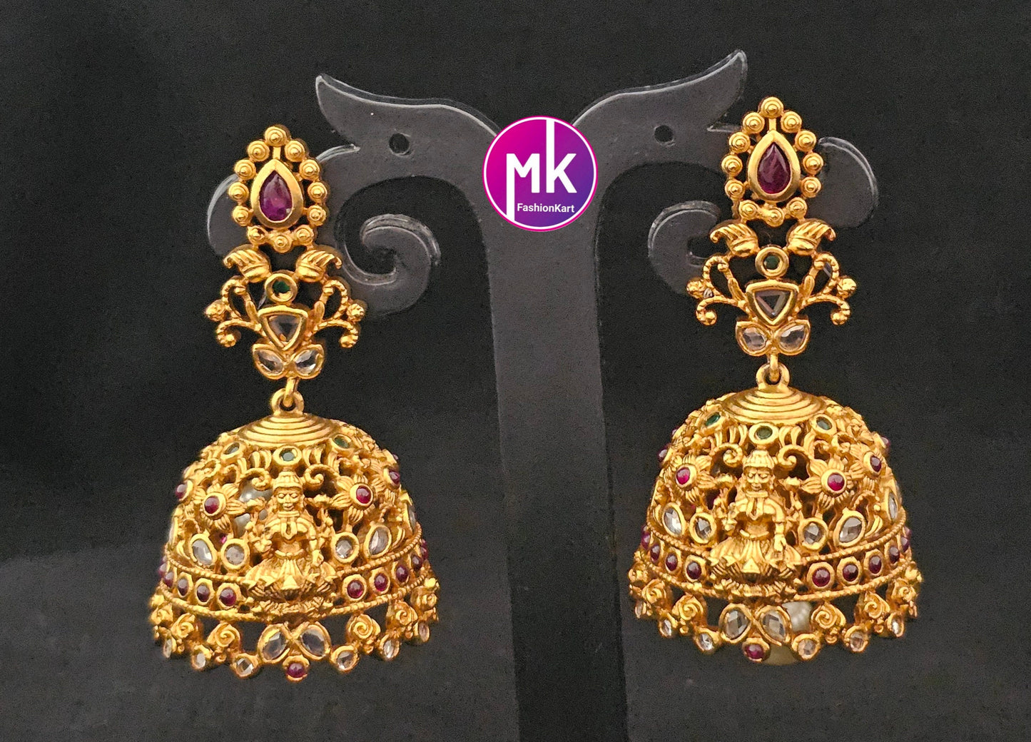 Lakshmi design premium quality matte gold finish Big Jhumka with precious - MK Fashionkart - Fashion Jewelry