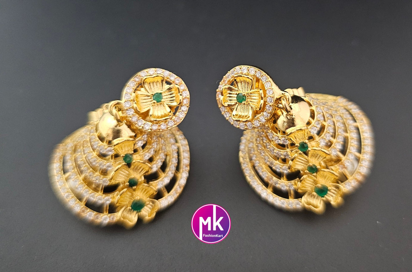 Flower design Gold finish AD stone Jhumka with hanging pearls - Partywear Jhumka - MK Fashionkart - Fashion Jewelry