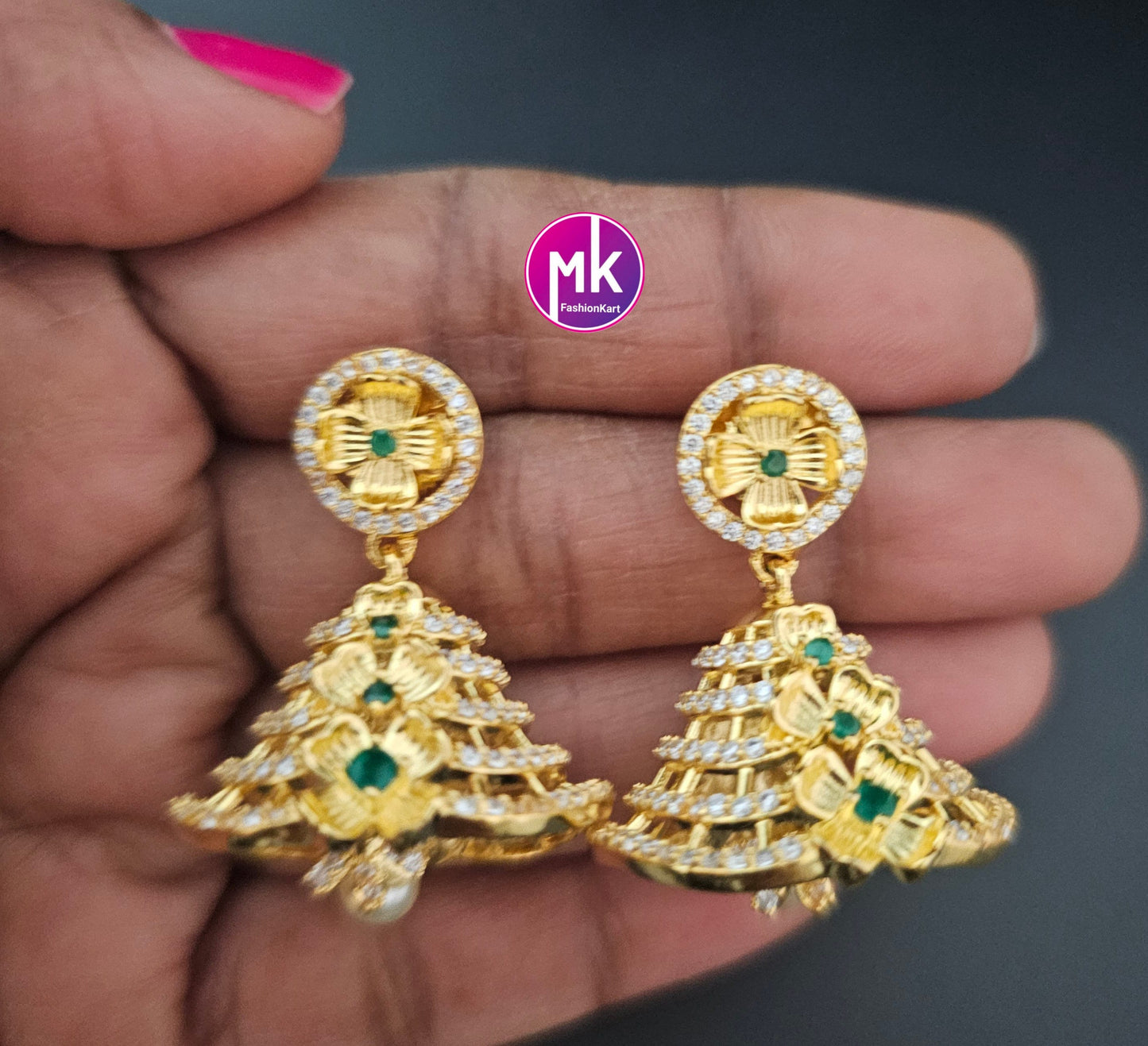 Flower design Gold finish AD stone Jhumka with hanging pearls - Partywear Jhumka - MK Fashionkart - Fashion Jewelry