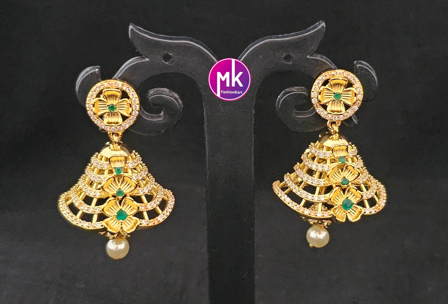 Flower design Gold finish AD stone Jhumka with hanging pearls - Partywear Jhumka - MK Fashionkart - Fashion Jewelry