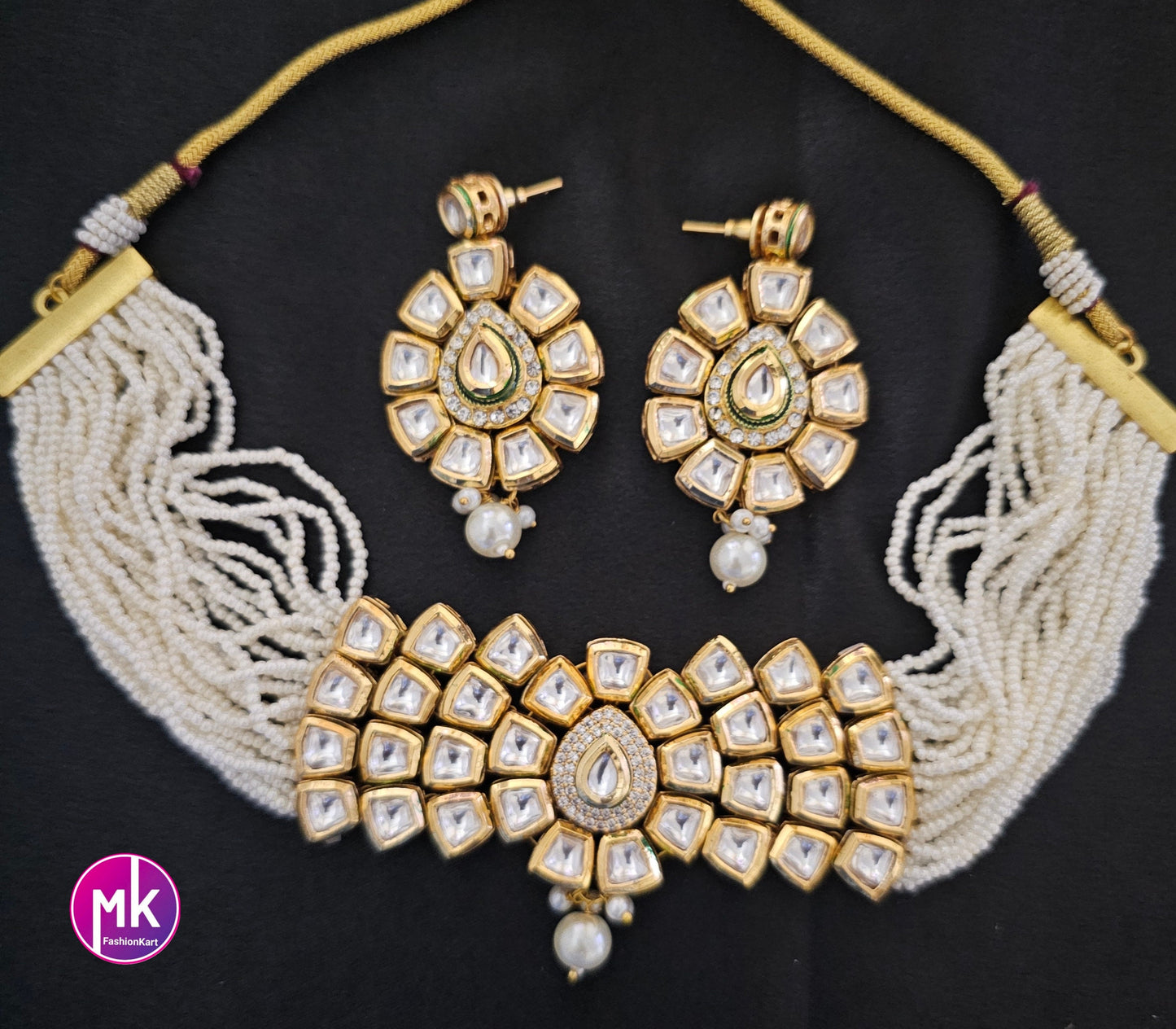 Premium Quality Gold polish Kundan Polki Bridal Choker with multi-strand piroyi pearls with Polki Earrings -  MK Fashionkart