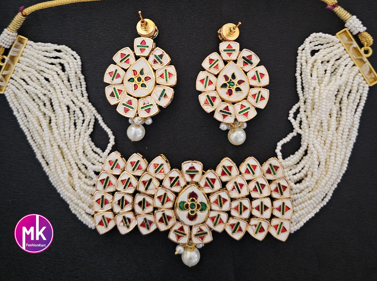 Premium Quality Gold polish Kundan Polki Bridal Choker with multi-strand piroyi pearls with Polki Earrings -  MK Fashionkart