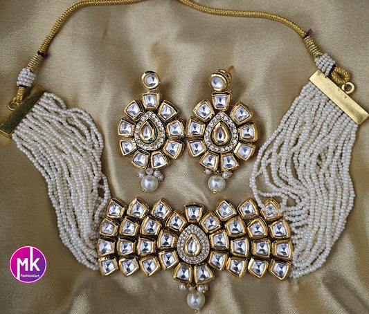 Premium Quality Gold polish Kundan Polki Bridal Choker with multi-strand piroyi pearls with Polki Earrings -  MK Fashionkart