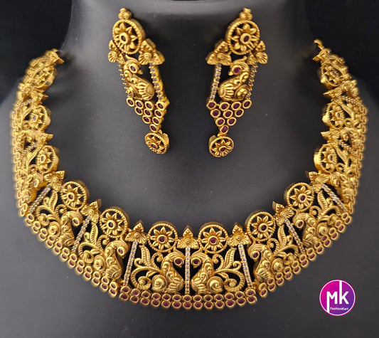 Premium Peacock Traditional matte gold finish big Bridal Necklace with AD Stones with Matching Big Earrings -  MK Fashionkart