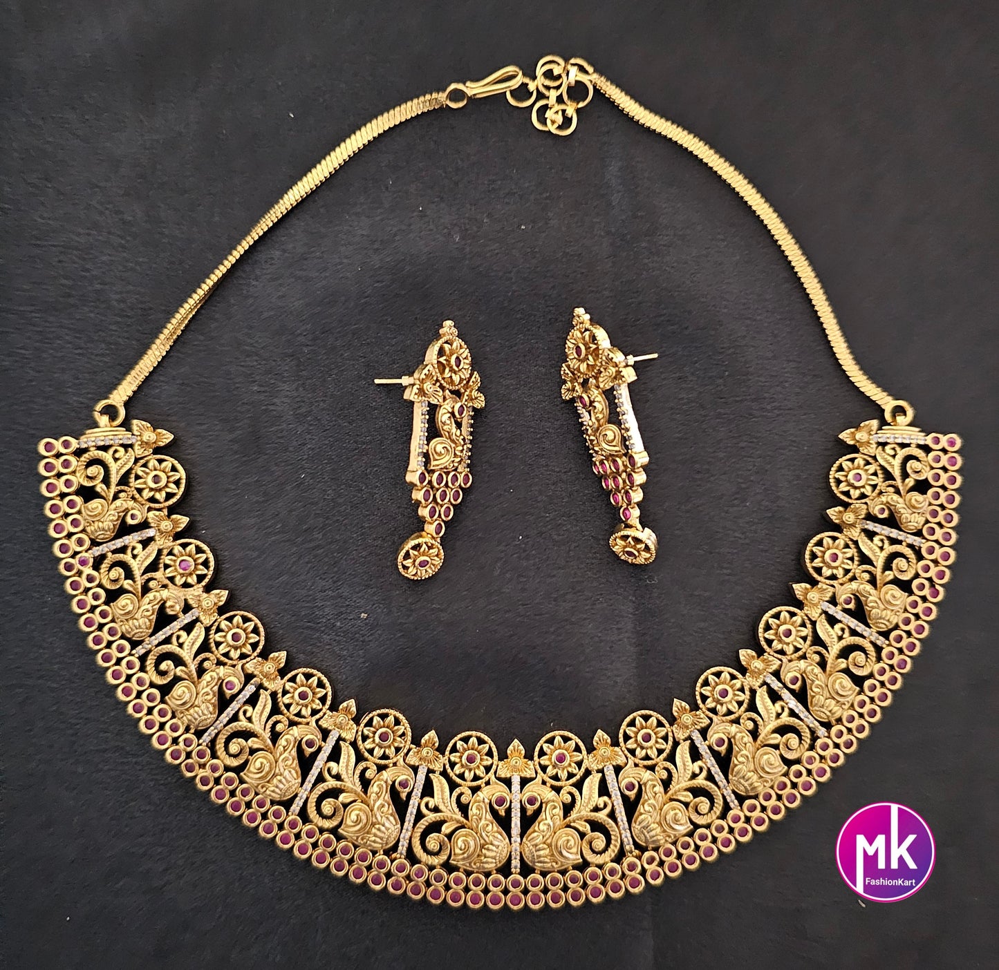 Premium Peacock Traditional matte gold finish big Bridal Necklace with AD Stones with Matching Big Earrings -  MK Fashionkart