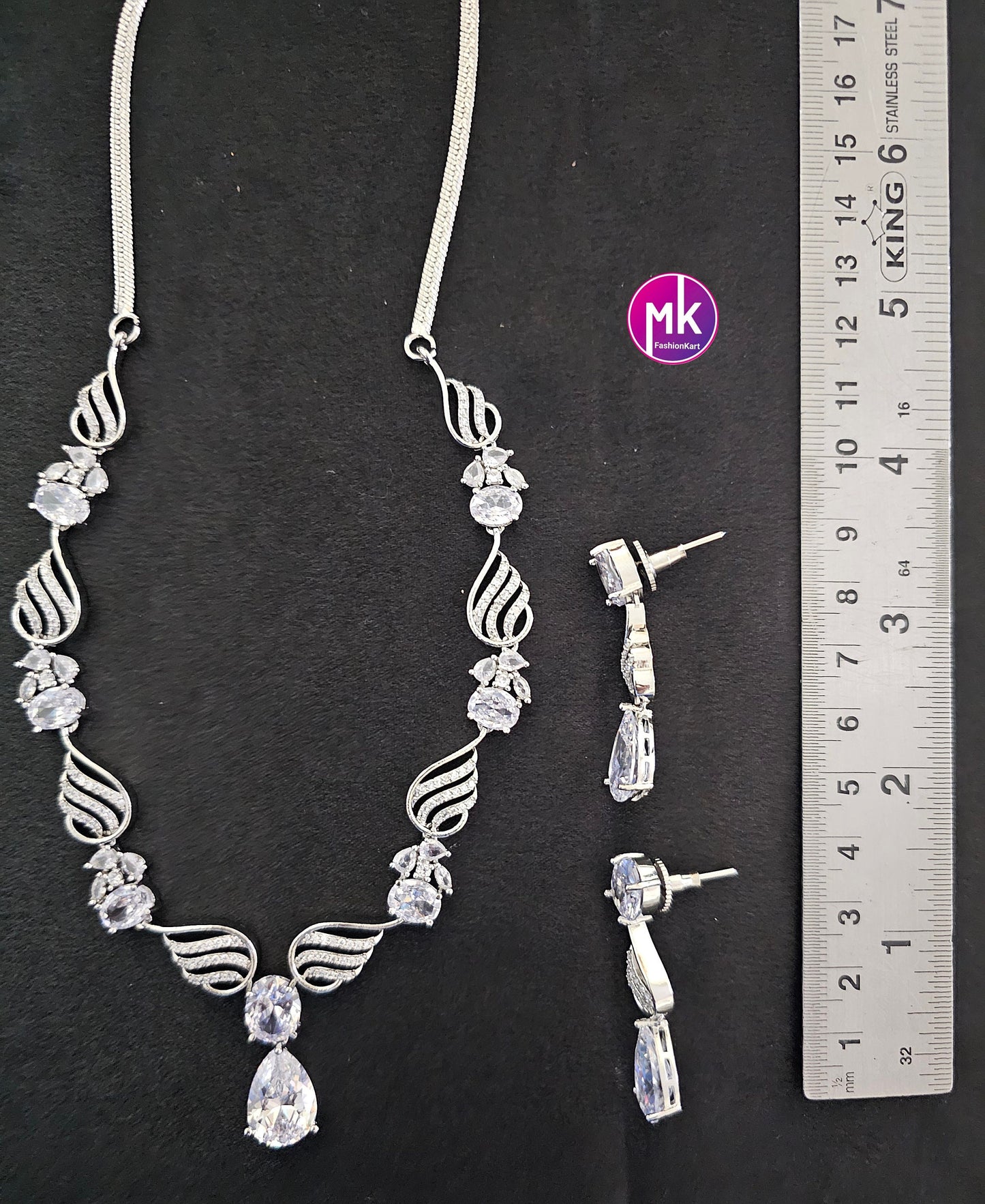 Silver finish American Diamond and Cubic Zirconia Necklace with cute Earrings - Adult cum Teen - Fashion Jewelry - MK Fashionkart