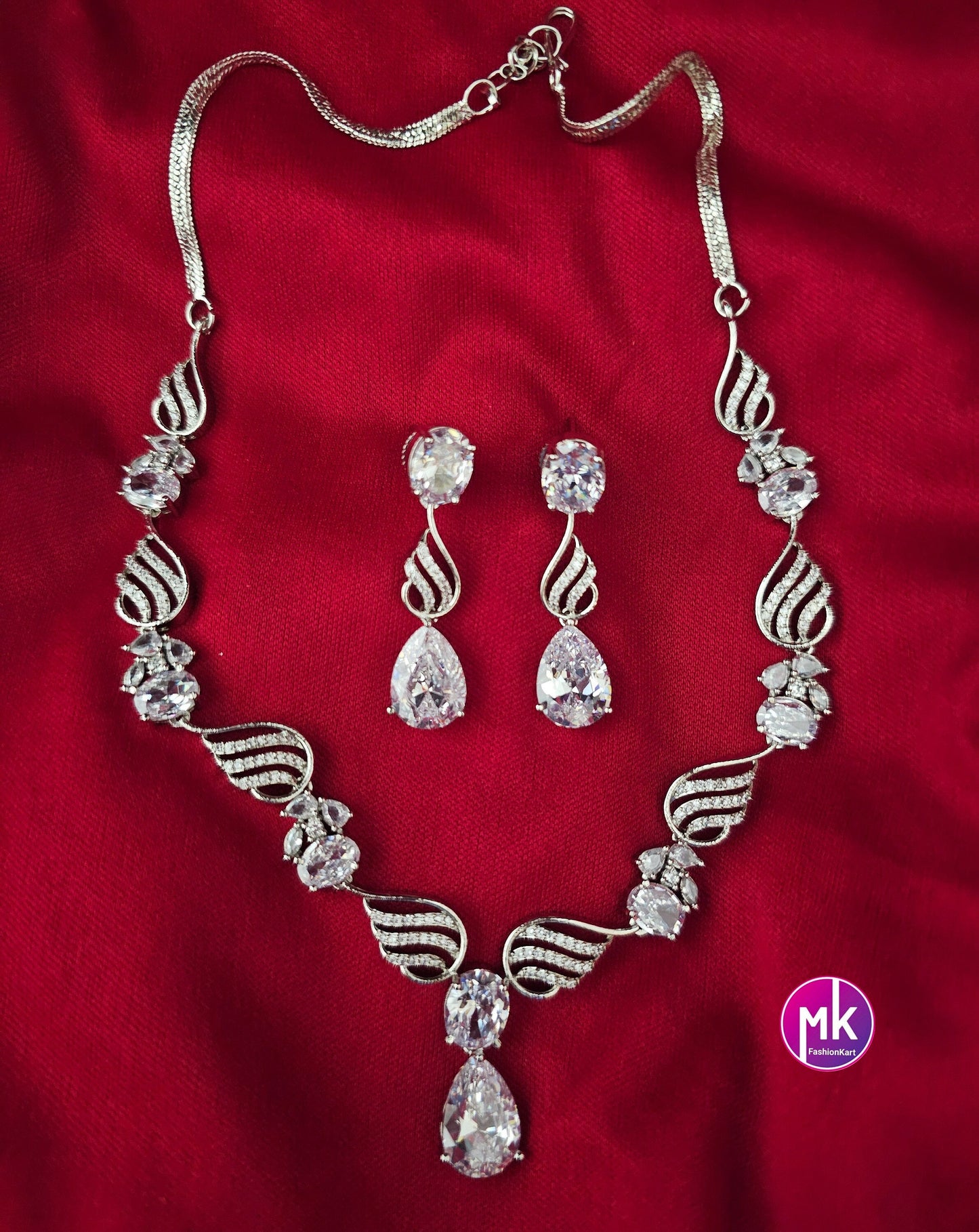 Silver finish American Diamond and Cubic Zirconia Necklace with cute Earrings - Adult cum Teen - Fashion Jewelry - MK Fashionkart