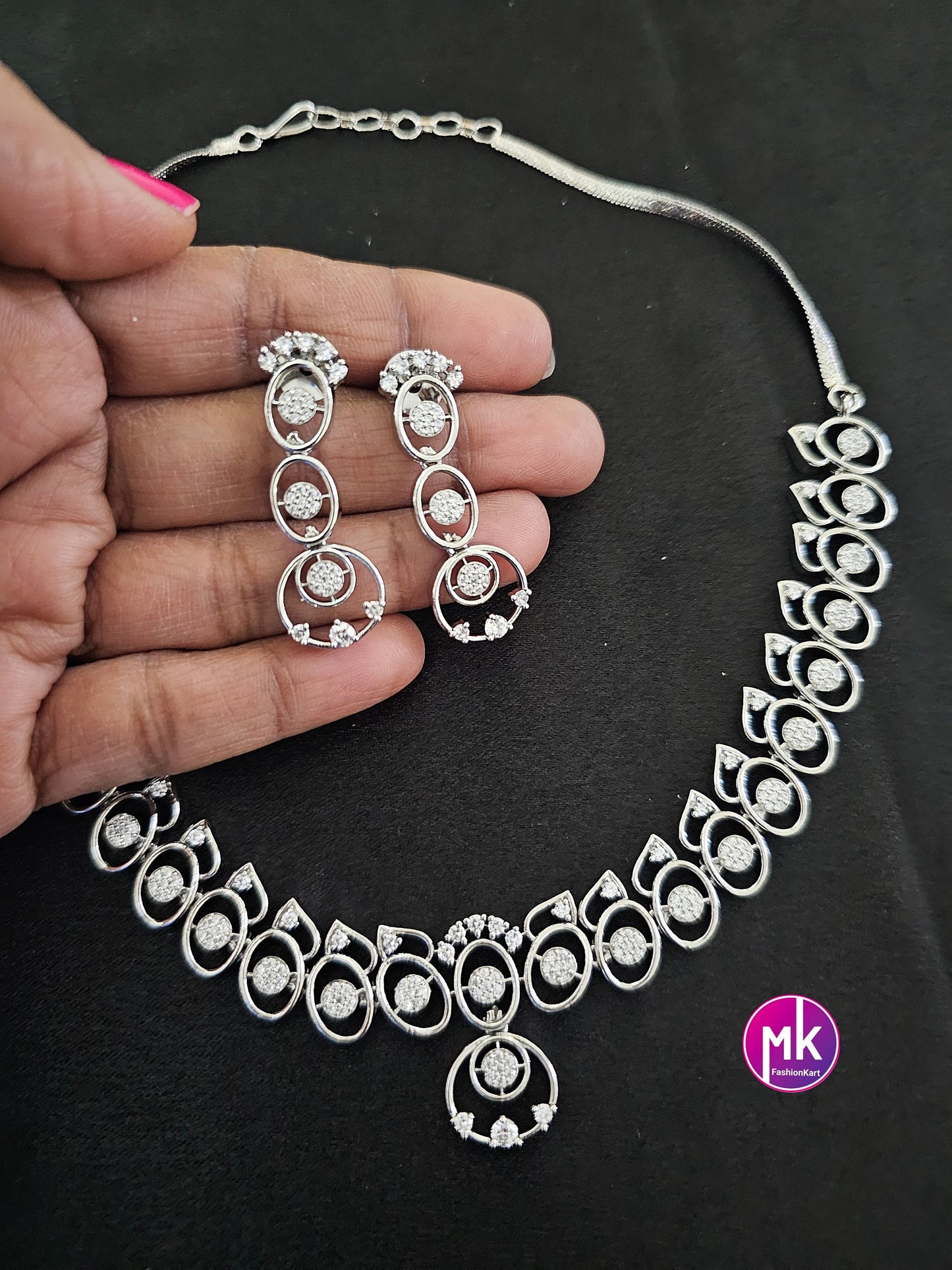 Silver finish Cubic Zirconia stone Necklace with cute Earrings - Adult cum Teen Necklace - Fashion Jewelry - MK Fashionkart