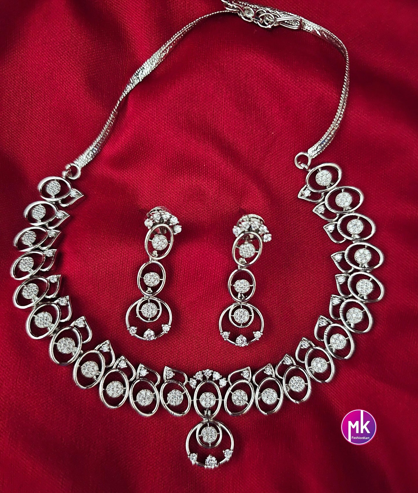 Silver finish Cubic Zirconia stone Necklace with cute Earrings - Adult cum Teen Necklace - Fashion Jewelry - MK Fashionkart