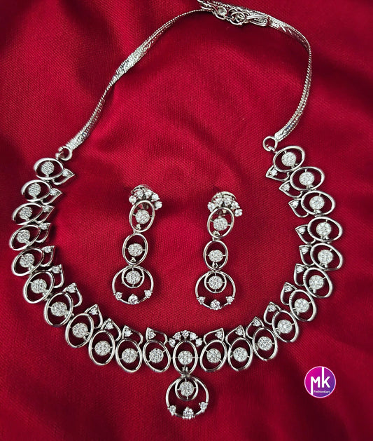 Silver finish Cubic Zirconia stone Necklace with cute Earrings - Adult cum Teen Necklace - Fashion Jewelry - MK Fashionkart
