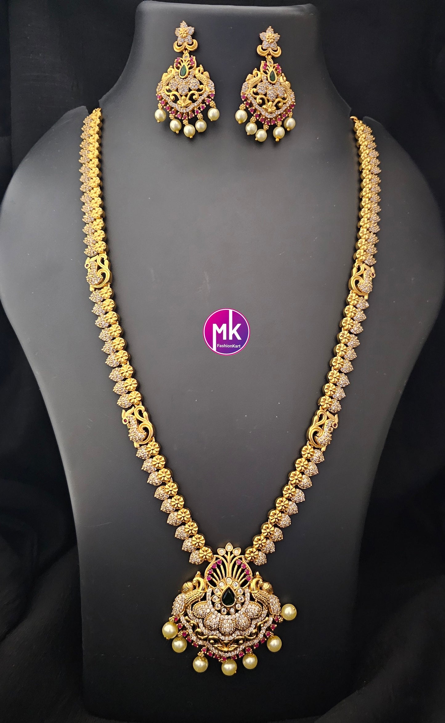 Premium quality AD/CZ stone Haram with cute Earrings  - Gold Jewelry Replica Haram - Stone Jewelry - MK Fashionkart
