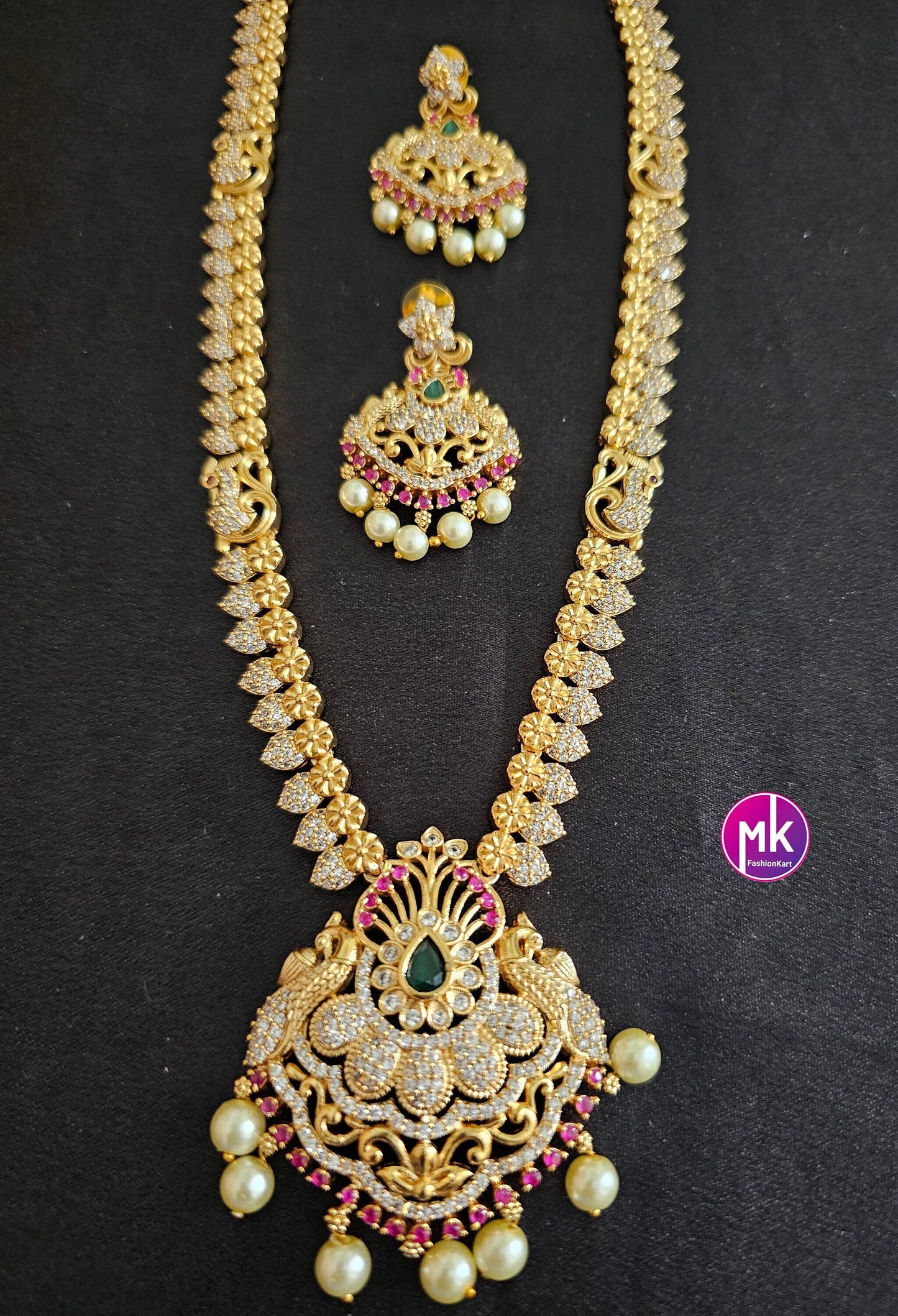 Premium quality AD/CZ stone Haram with cute Earrings  - Gold Jewelry Replica Haram - Stone Jewelry - MK Fashionkart