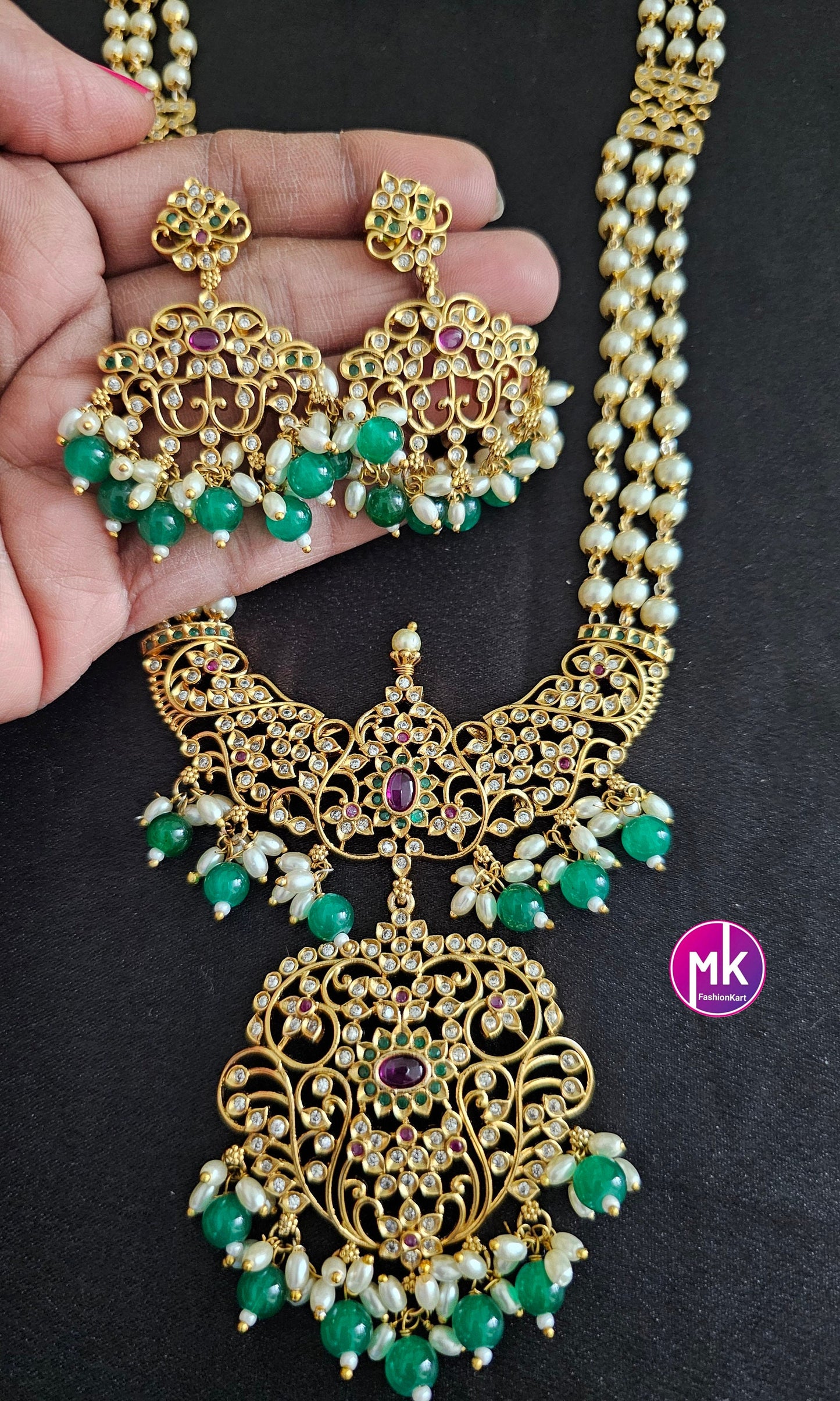 Beautiful Matte gold finish AD and kemp stones long Mala with matching Earrings - Bridal Haram - MK Fashionkart