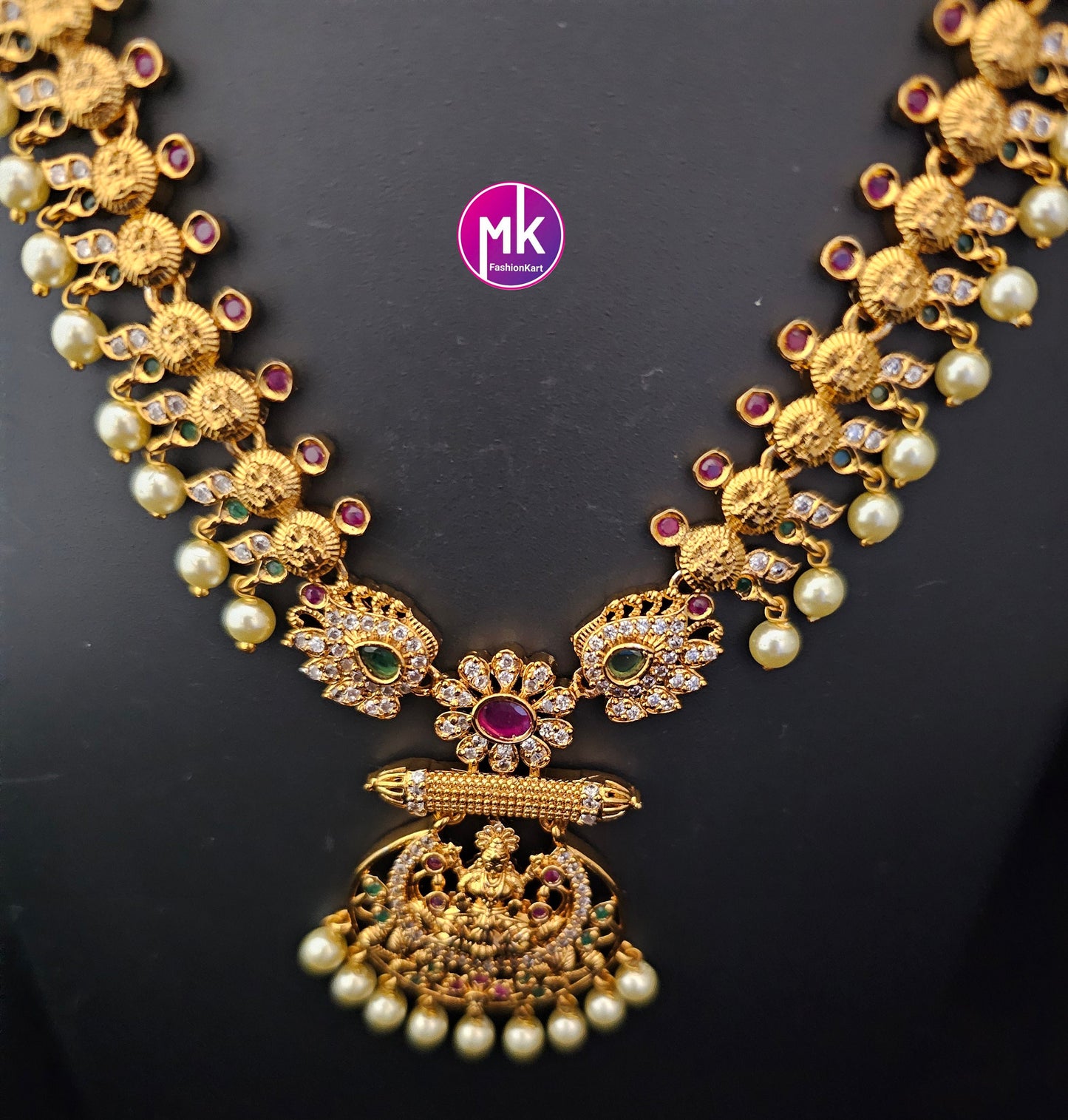 Lakshmi Premium quality Matte gold finish AD/CZ Haram with cute Earrings  - Traditional Jewelry - MK Fashionkart