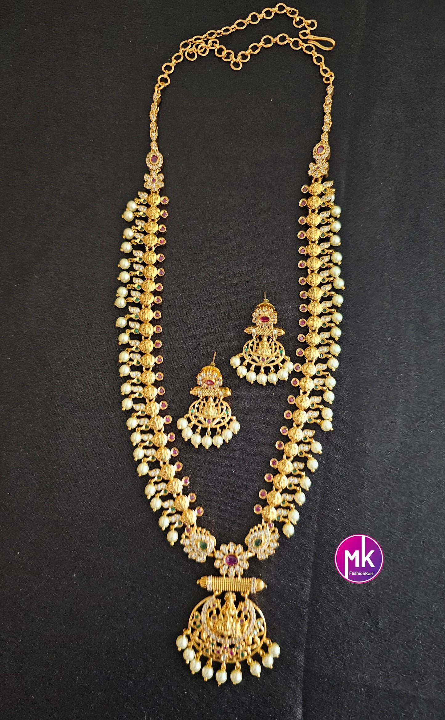 Lakshmi Premium quality Matte gold finish AD/CZ Haram with cute Earrings  - Traditional Jewelry - MK Fashionkart