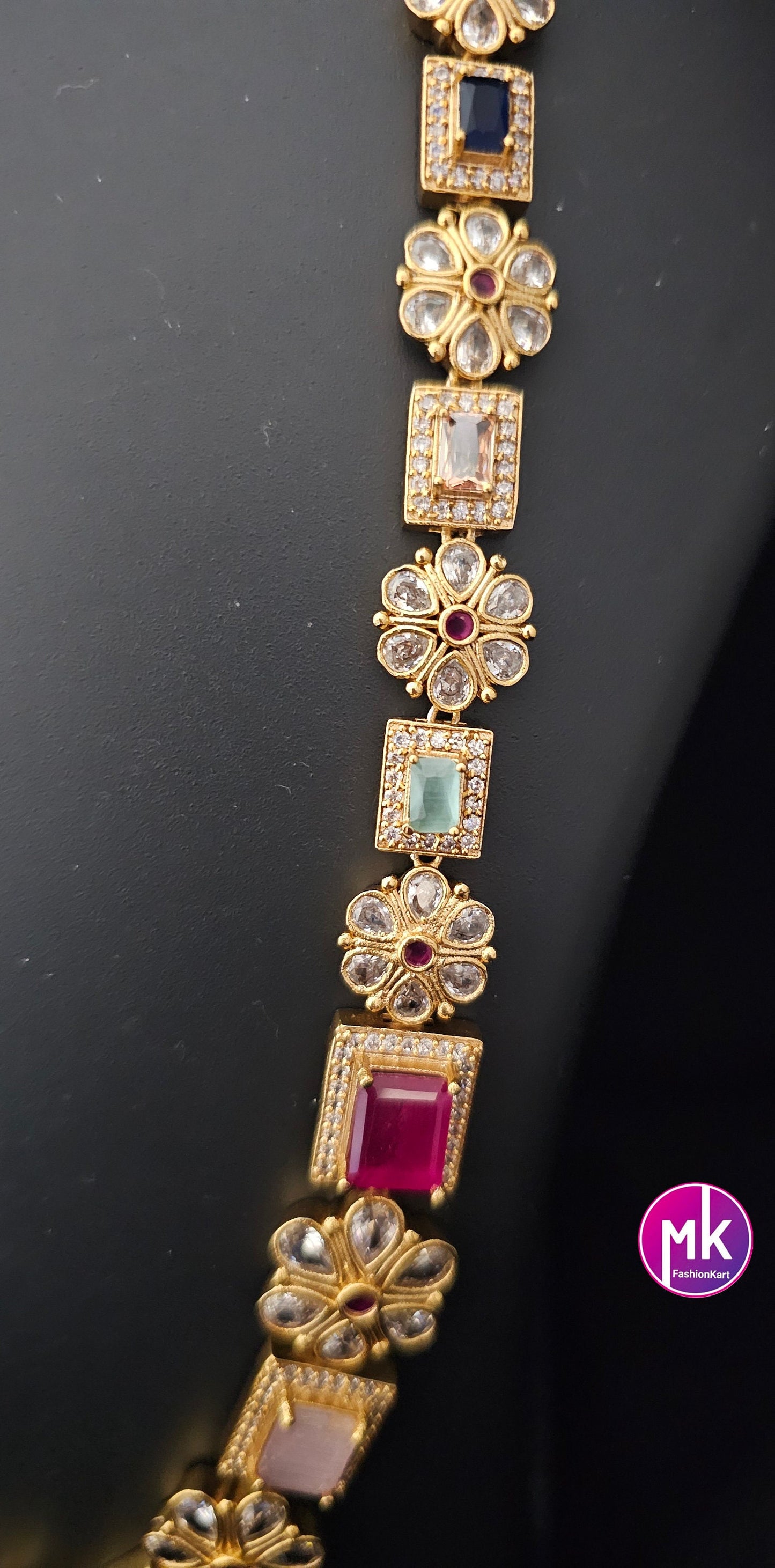 Premium quality Multi-color AD/CZ stone Flower design Haram with cute Earrings  - Gold Jewelry Replica Haram - MK Fashionkart