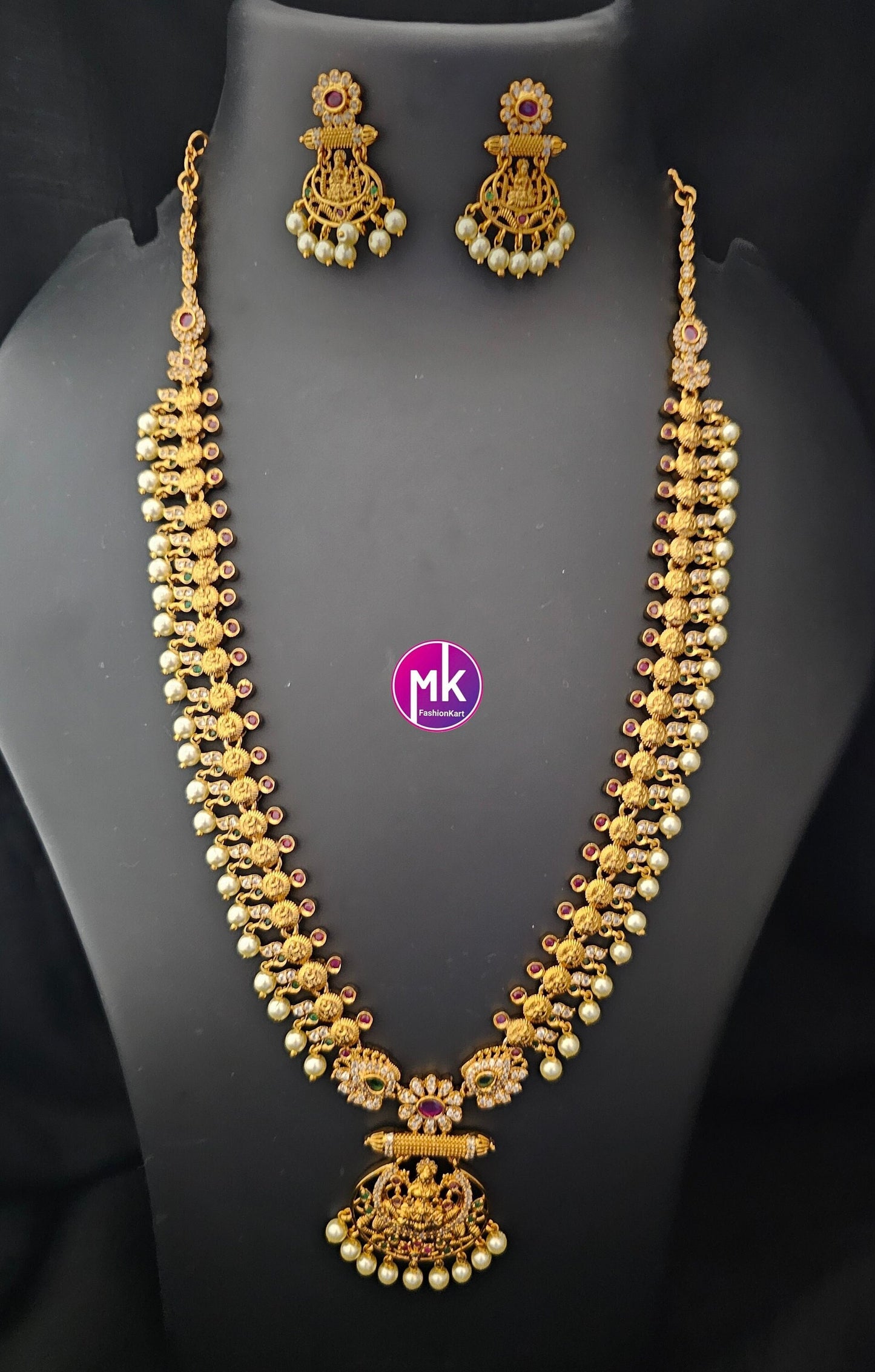 Lakshmi Premium quality Matte gold finish AD/CZ Haram with cute Earrings  - Traditional Jewelry - MK Fashionkart