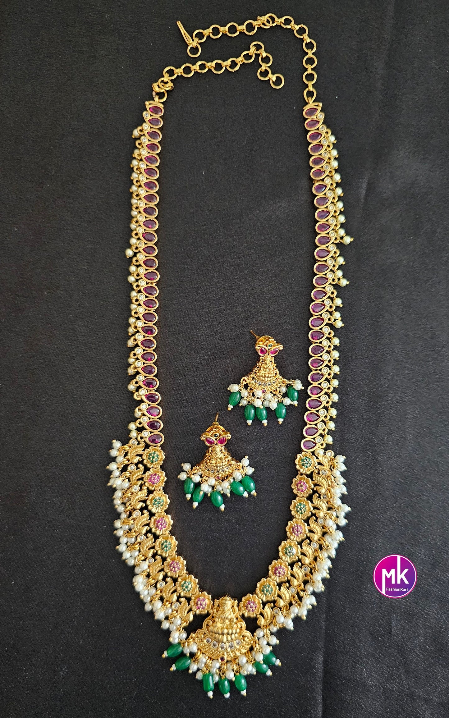 Lakshmi Kemp stone Premium Quality Matte gold finish Haram with matching Earrings - Bridal Haram - MK Fashionkart