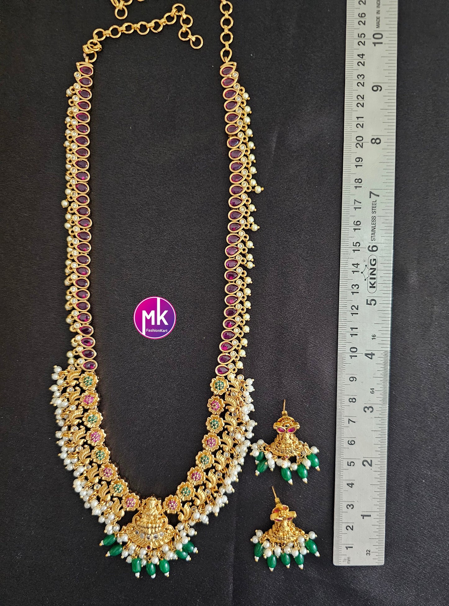 Lakshmi Kemp stone Premium Quality Matte gold finish Haram with matching Earrings - Bridal Haram - MK Fashionkart