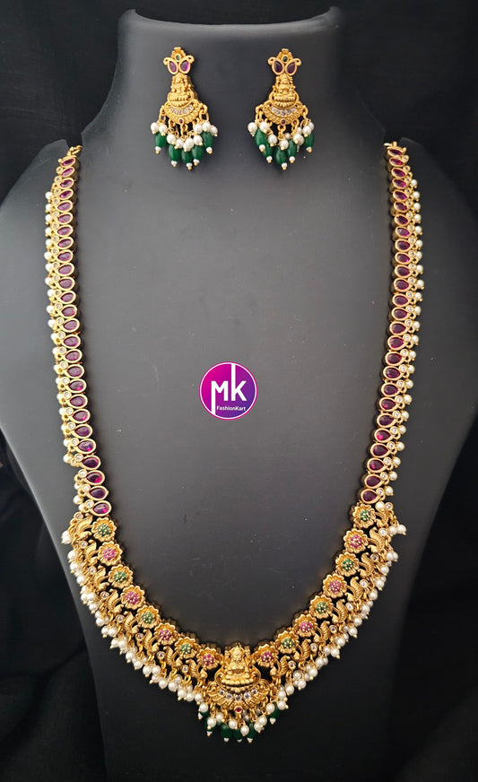 Lakshmi Kemp stone Premium Quality Matte gold finish Haram with matching Earrings - Bridal Haram - MK Fashionkart