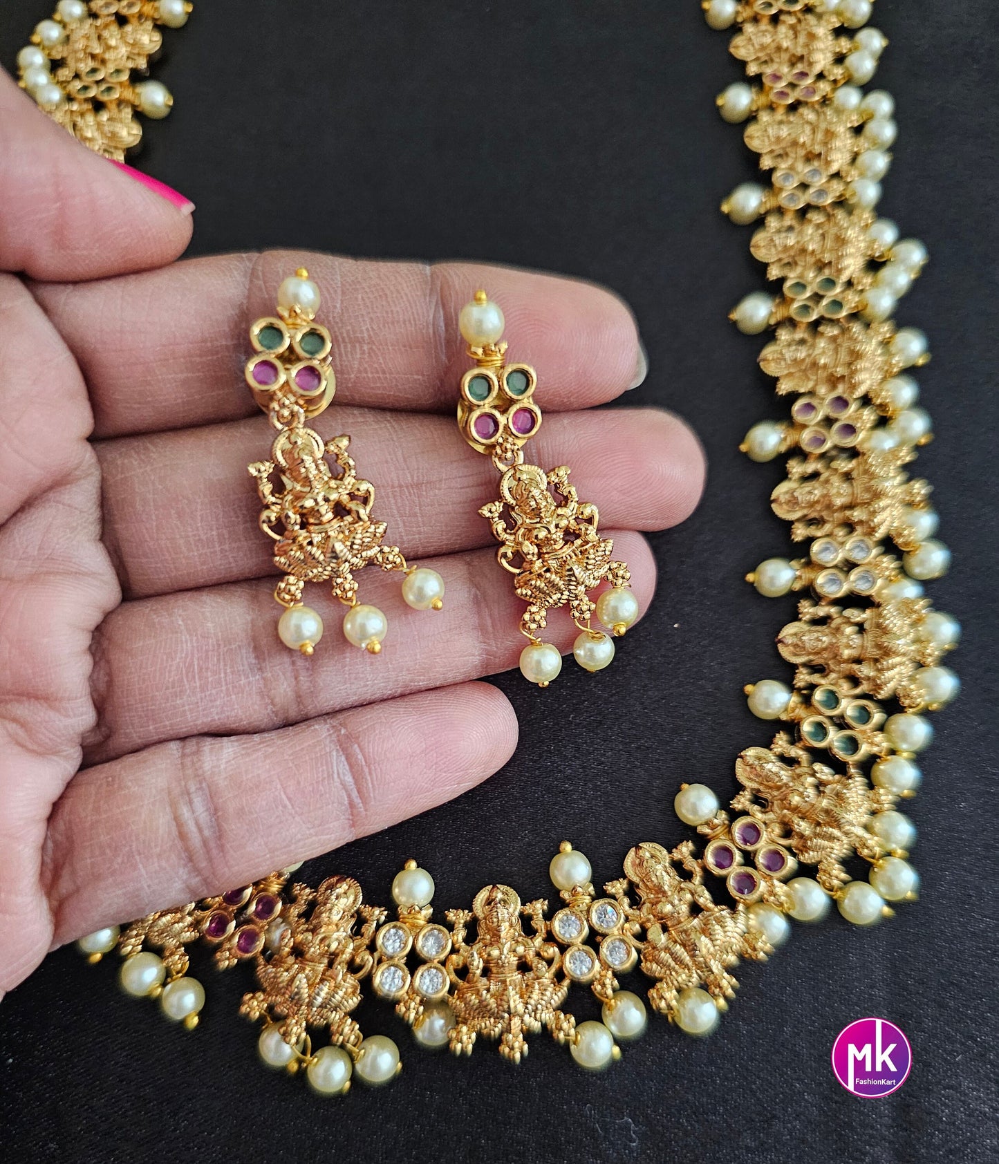 Lakshmi AD stone Premium Quality Matte gold finish Haram with matching Earrings - Bridal Haram - MK Fashionkart