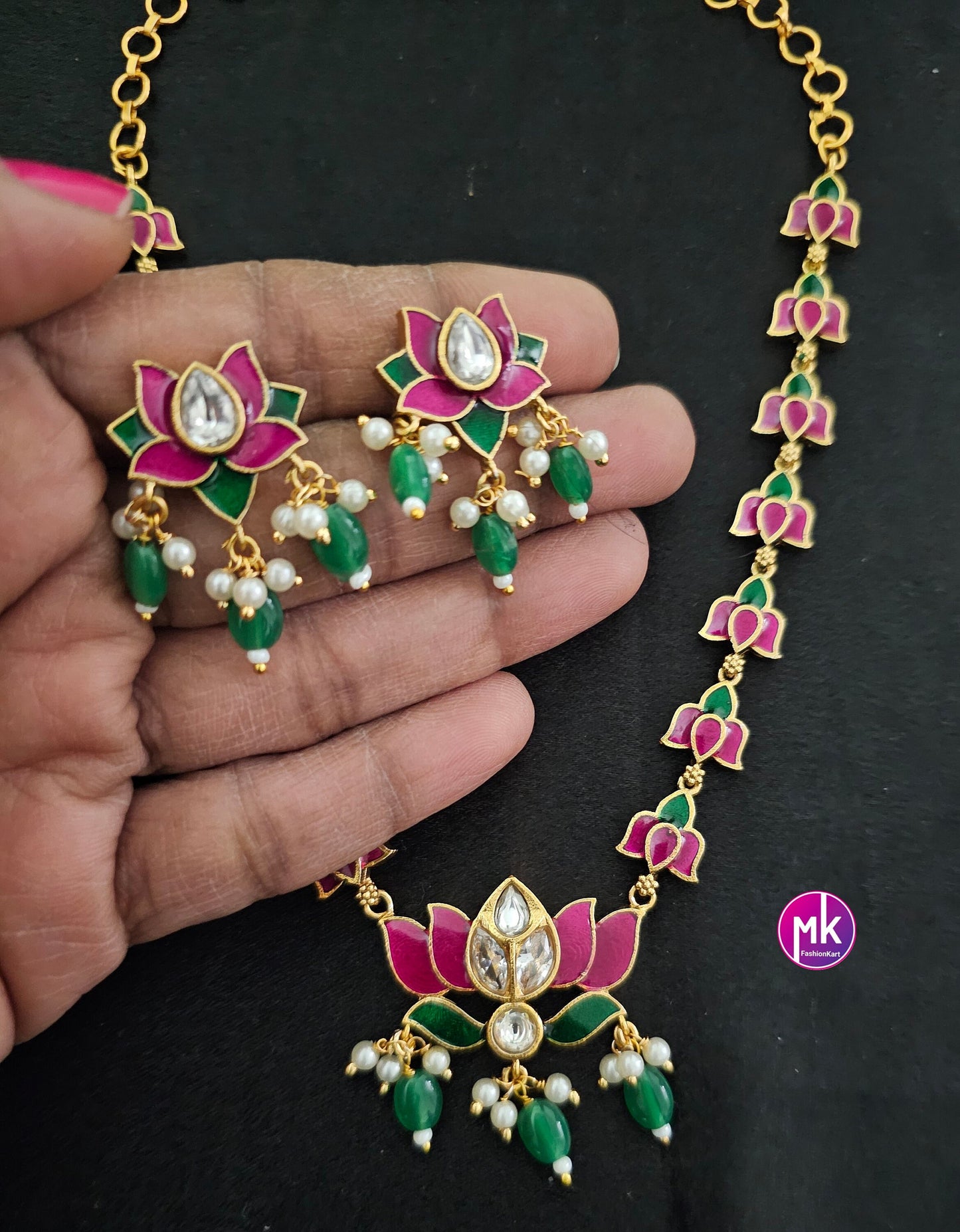 Vibrant color Lotus Meenakari work trendy Necklace with matching Earrings - Adult cum Teen Necklace - Fashion Jewelry - MK Fashionkart