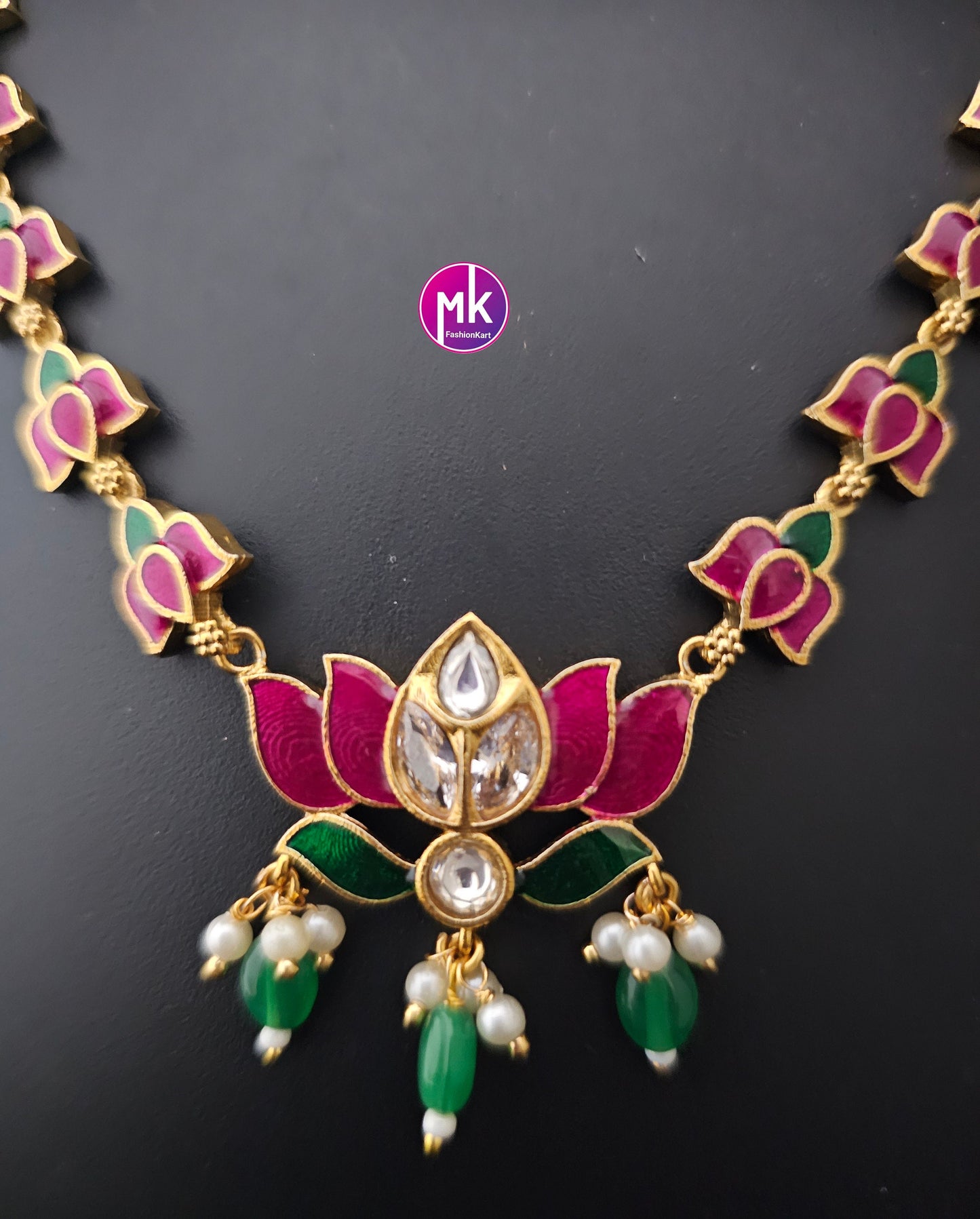 Vibrant color Lotus Meenakari work trendy Necklace with matching Earrings - Adult cum Teen Necklace - Fashion Jewelry - MK Fashionkart