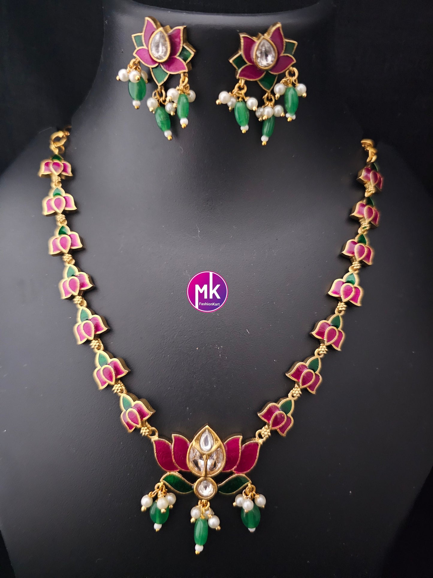 Vibrant color Lotus Meenakari work trendy Necklace with matching Earrings - Adult cum Teen Necklace - Fashion Jewelry - MK Fashionkart