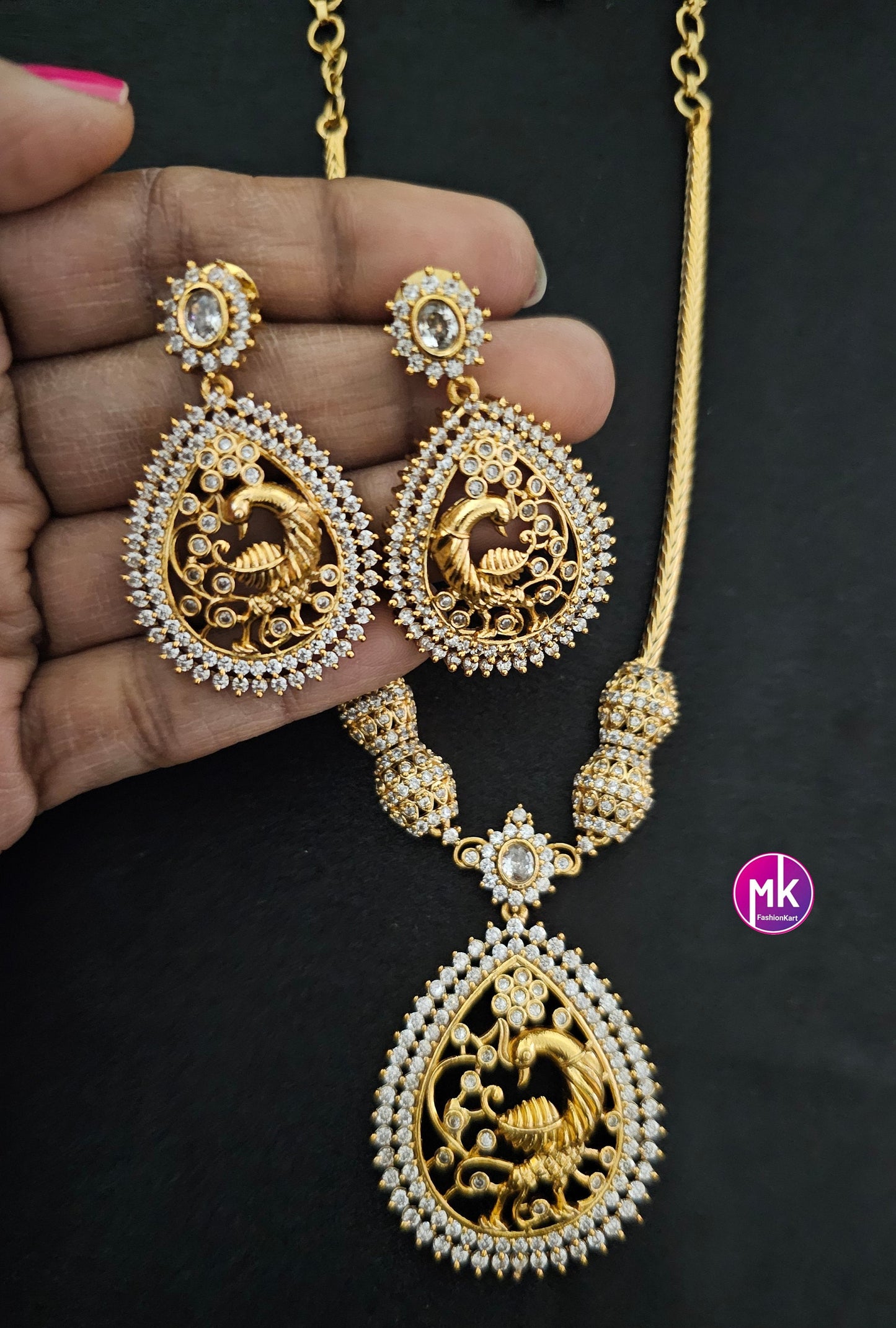 Peacock Premium Matte gold finish AD stone necklace with matching Big Earrings - Traditional Jewelry - Mk Fashionkart
