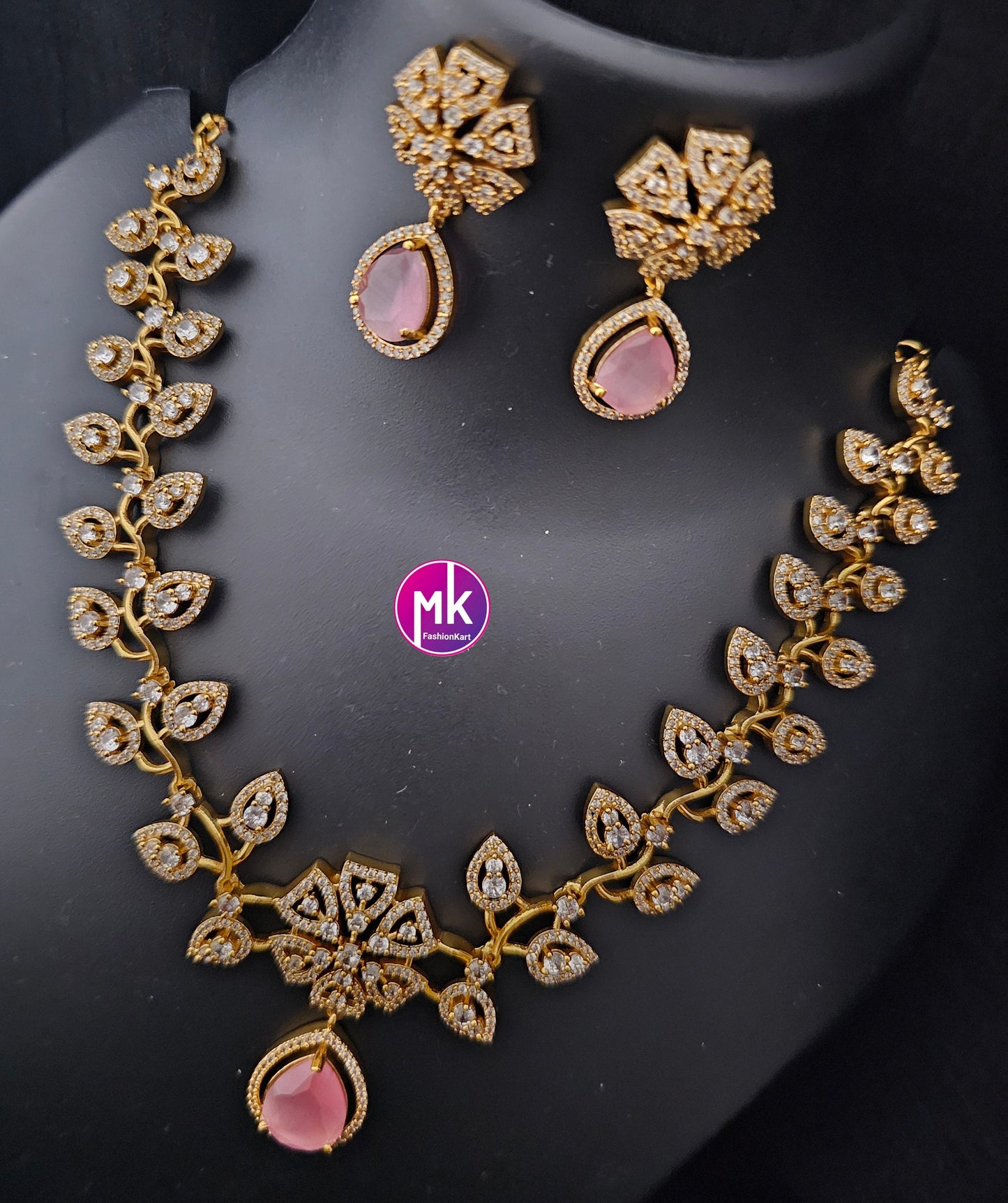 Premium Gold finish American Diamond stone flower design Necklace with Earrings - Wedding Necklace - Prom Necklace - MK Fashionkart
