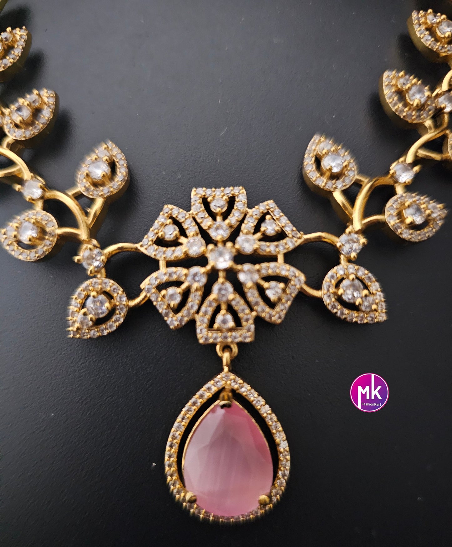 Premium Gold finish American Diamond stone flower design Necklace with Earrings - Wedding Necklace - Prom Necklace - MK Fashionkart
