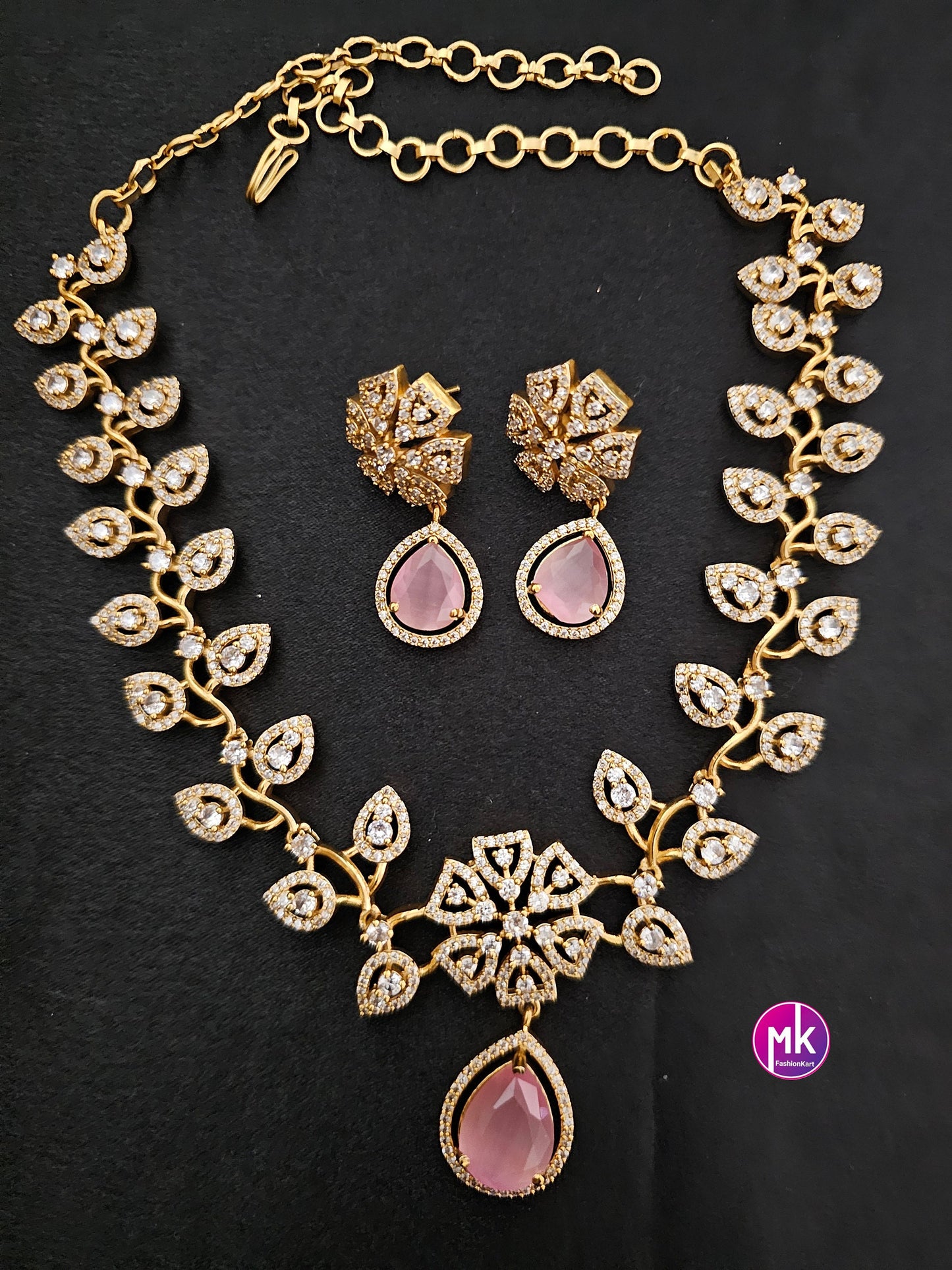 Premium Gold finish American Diamond stone flower design Necklace with Earrings - Wedding Necklace - Prom Necklace - MK Fashionkart