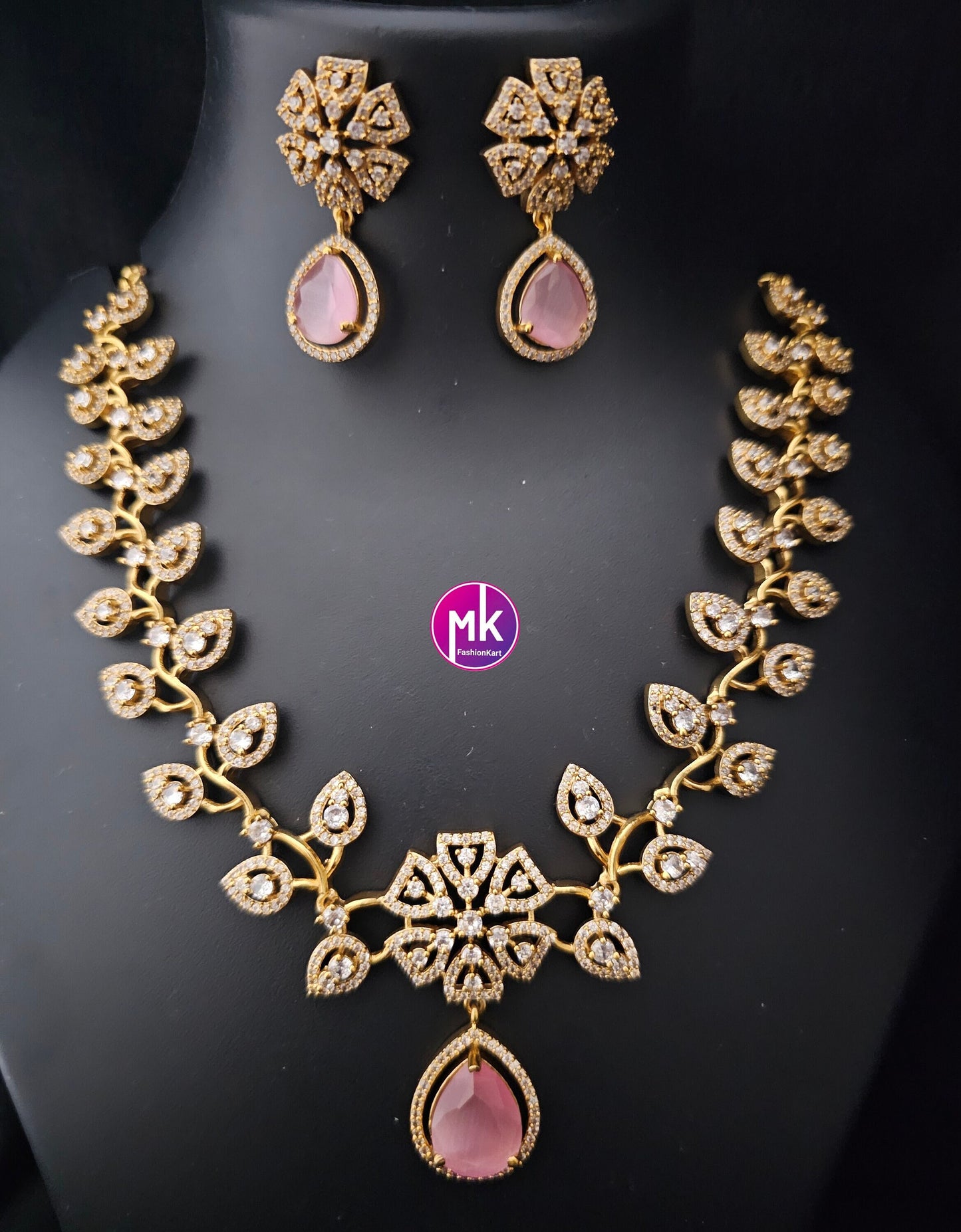 Premium Gold finish American Diamond stone flower design Necklace with Earrings - Wedding Necklace - Prom Necklace - MK Fashionkart