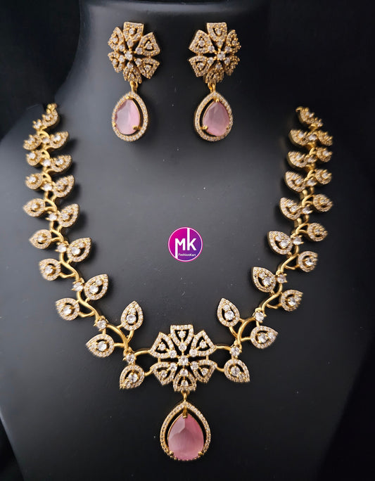 Premium Gold finish American Diamond stone flower design Necklace with Earrings - Wedding Necklace - Prom Necklace - MK Fashionkart