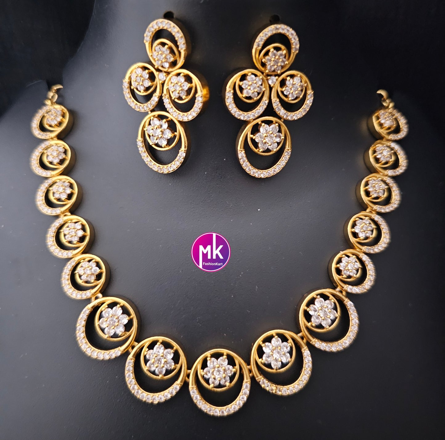 Premium Gold finish AD stone flower design necklace with matching big Earrings - Trendy Jewelry - Mk Fashionkart