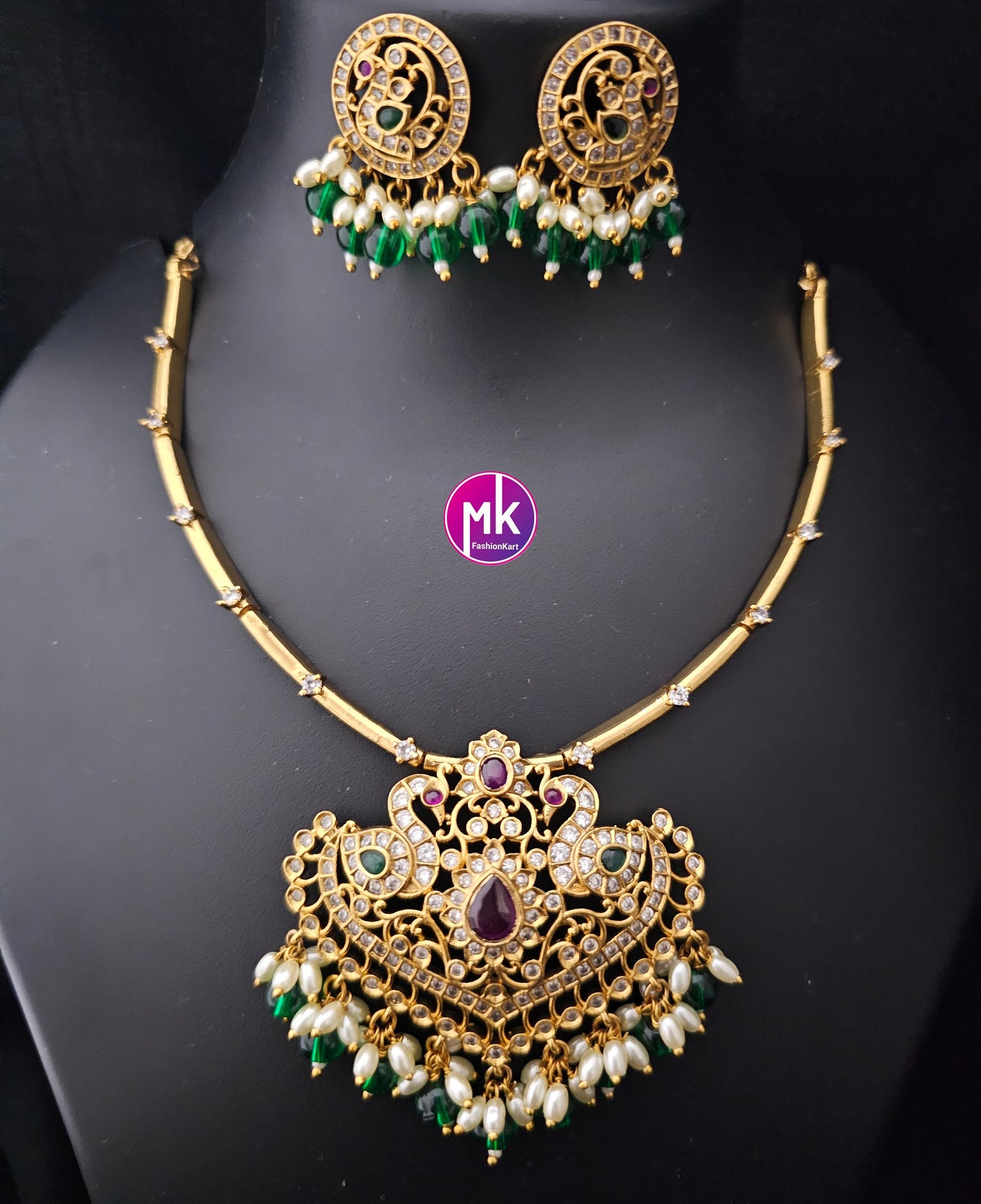 Premium Matte gold finish AD stone necklace with hanging pears beads with matching Earrings - Trendy and Traditional Necklace MK Fashionkart