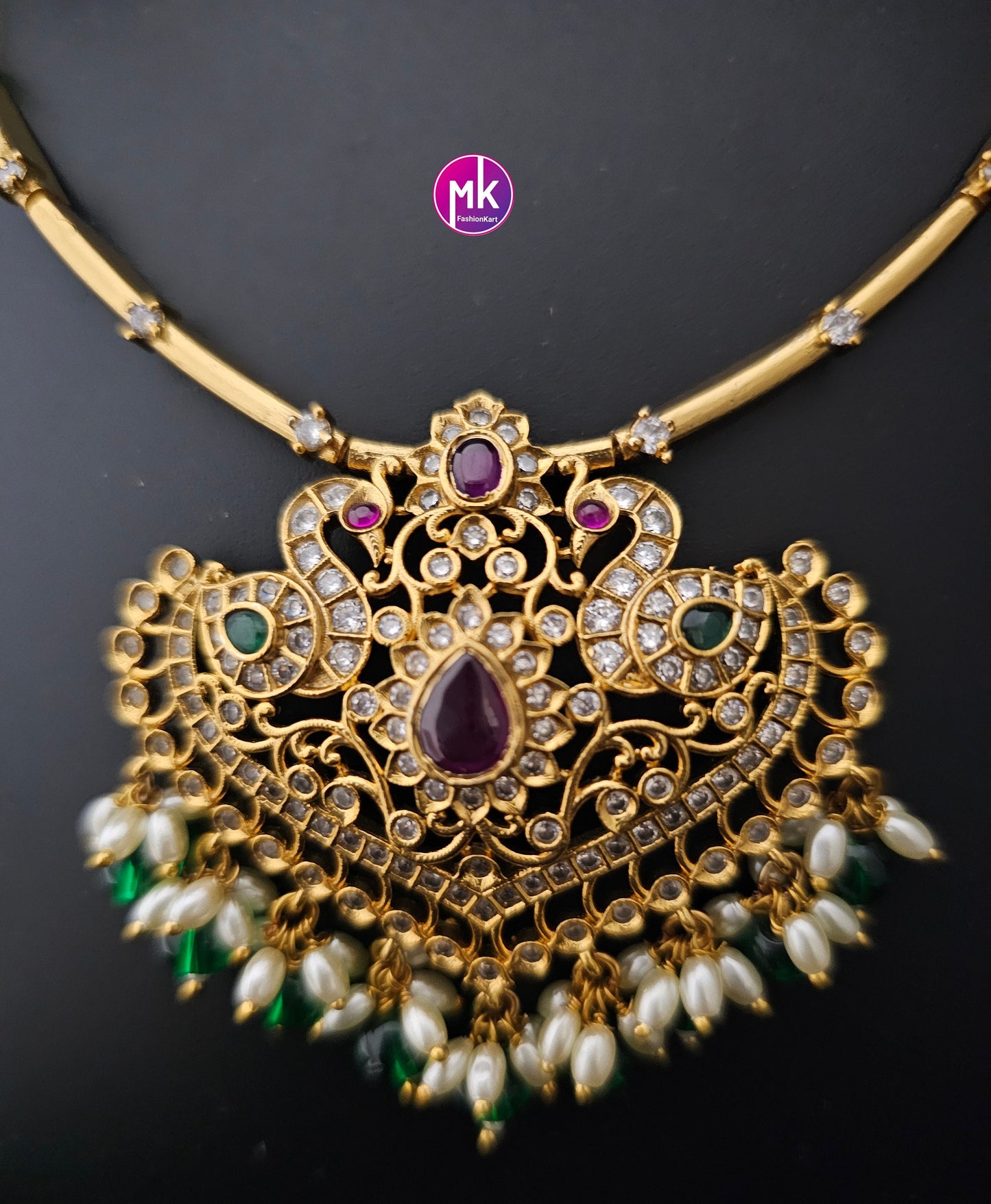 Premium Matte gold finish AD stone necklace with hanging pears beads with matching Earrings - Trendy and Traditional Necklace MK Fashionkart