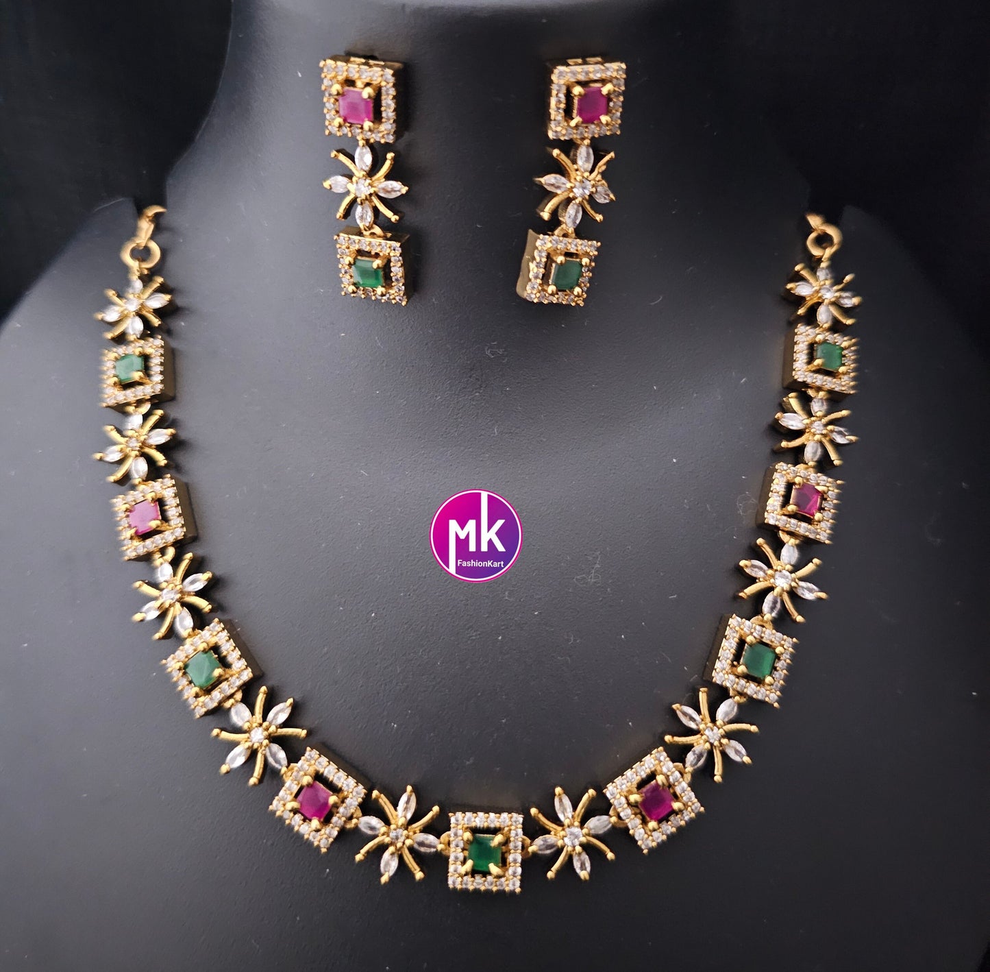 Premium polish Gold finish Necklace with AD stones and matching Earrings - Trendy Necklace - Adult cum Teen Necklace - MK Fashionkart