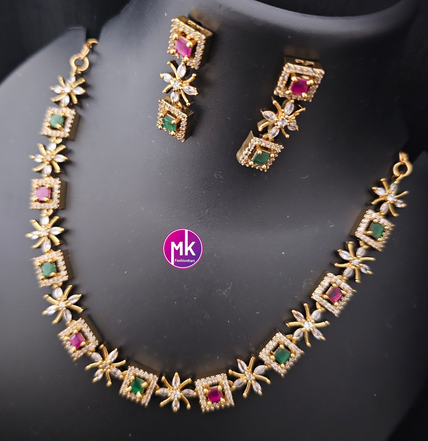 Premium polish Gold finish Necklace with AD stones and matching Earrings - Trendy Necklace - Adult cum Teen Necklace - MK Fashionkart