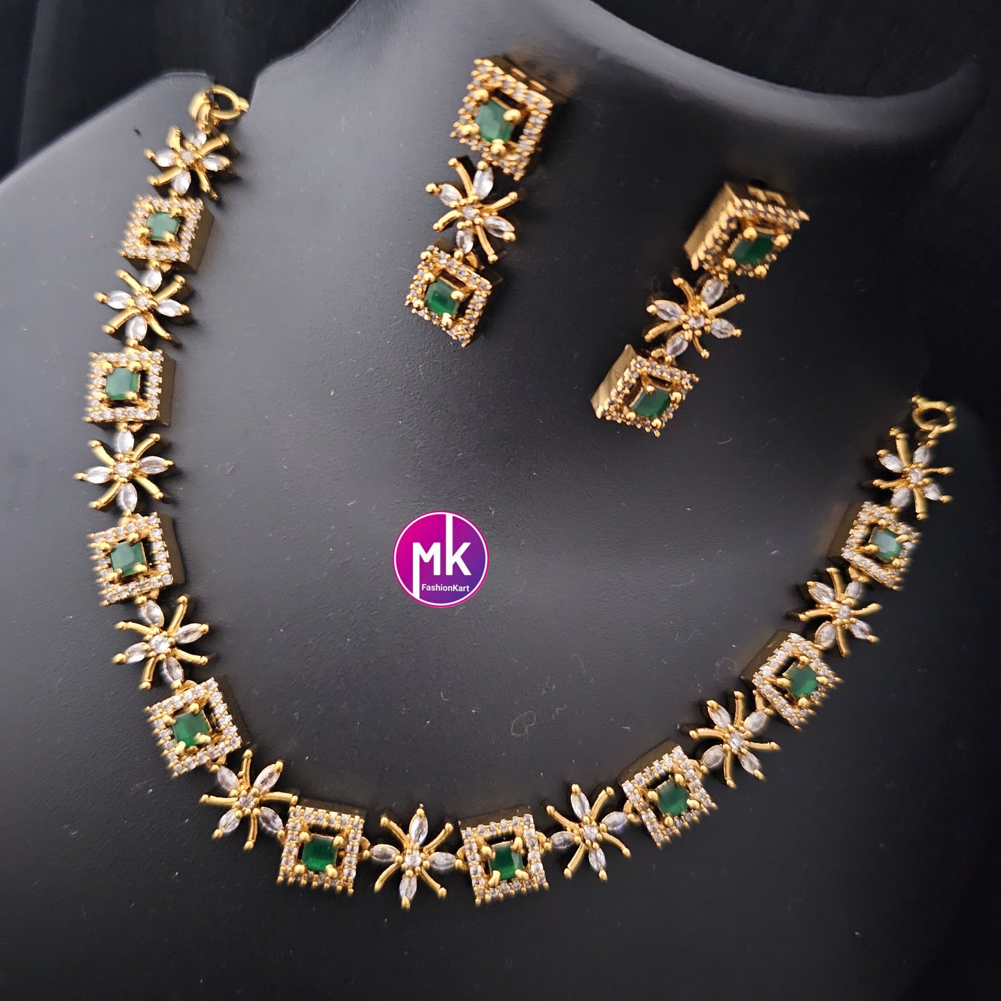 Premium polish Gold finish Necklace with AD stones and matching Earrings - Trendy Necklace - Adult cum Teen Necklace - MK Fashionkart