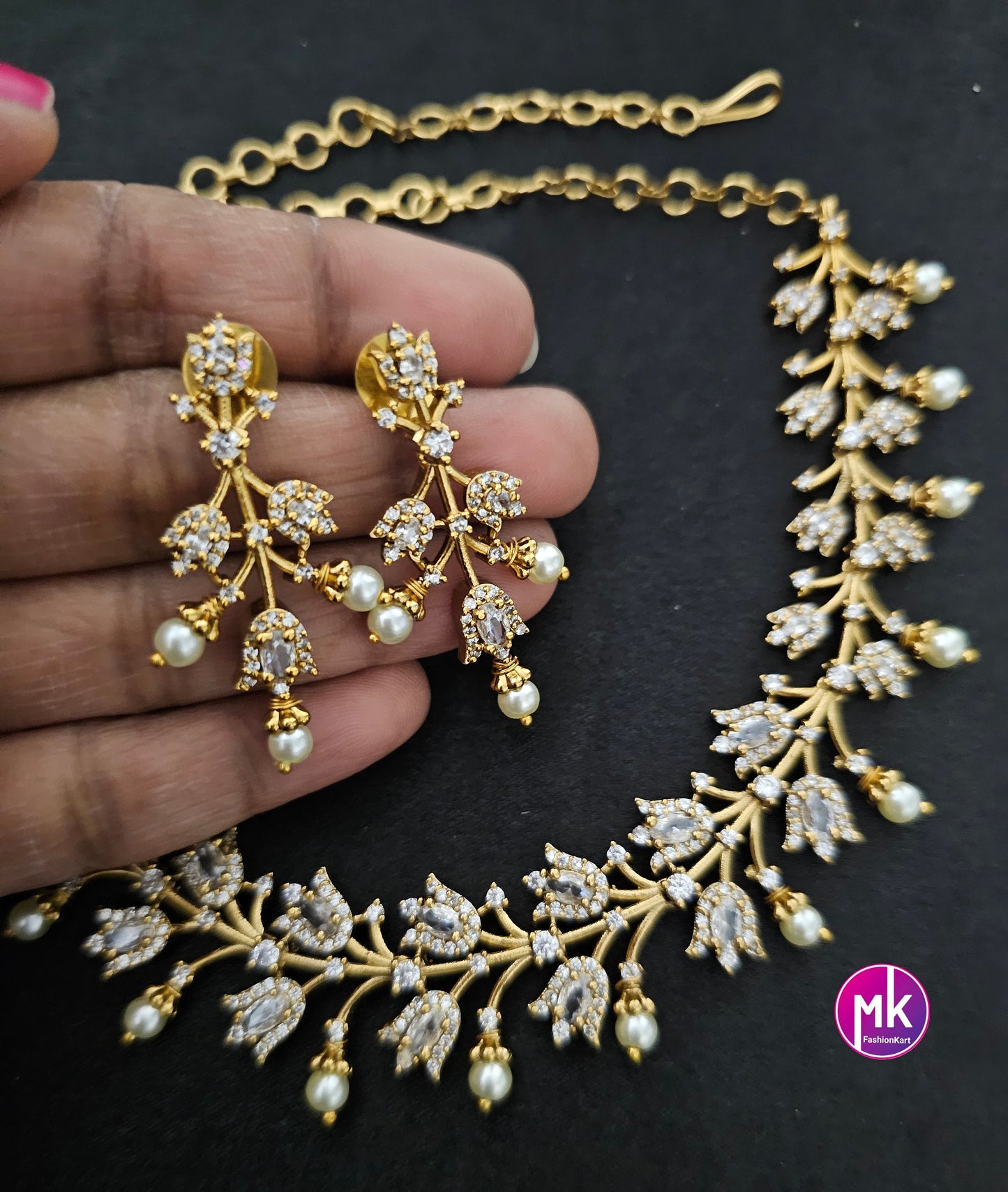 Beautiful design Gold finish AD stone necklace with matching Earrings - Trendy Necklace - MK Fashionkart