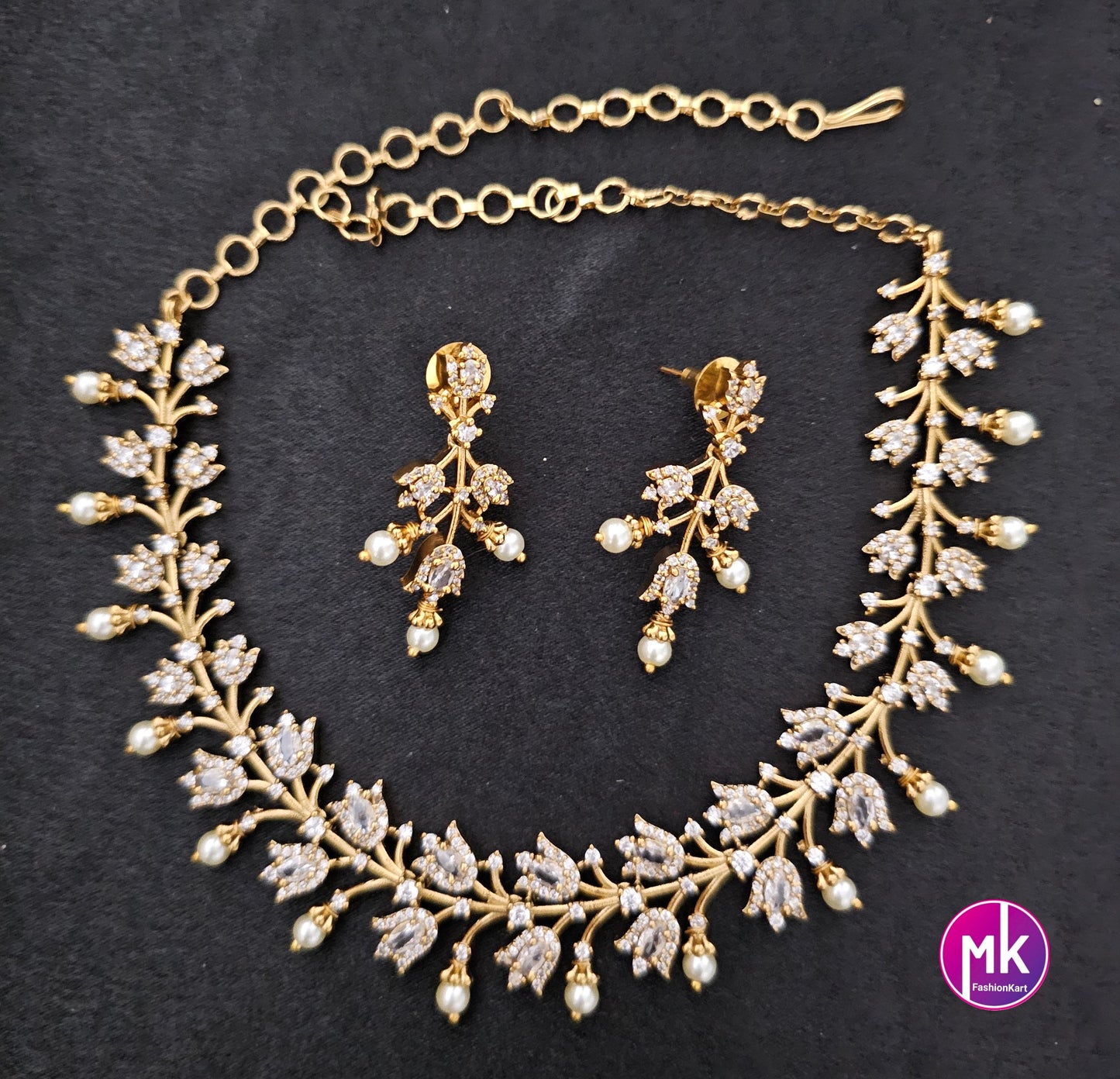 Beautiful design Gold finish AD stone necklace with matching Earrings - Trendy Necklace - MK Fashionkart