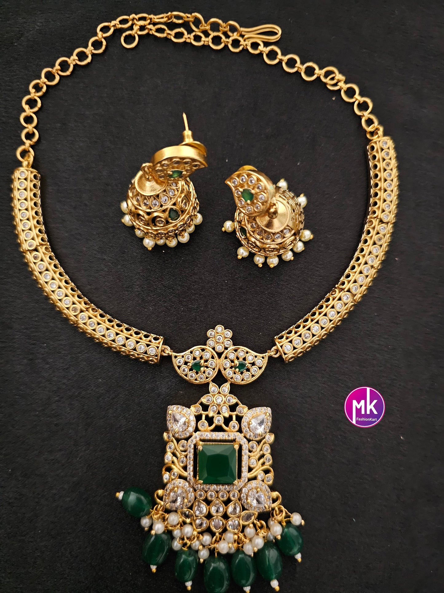 Premium Quality Hasli type stone necklace with matching Jhumki - Trendy Necklace - MK Fashionkart