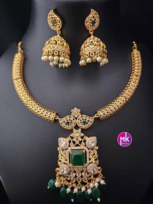 Premium Quality Hasli type stone necklace with matching Jhumki - Trendy Necklace - MK Fashionkart