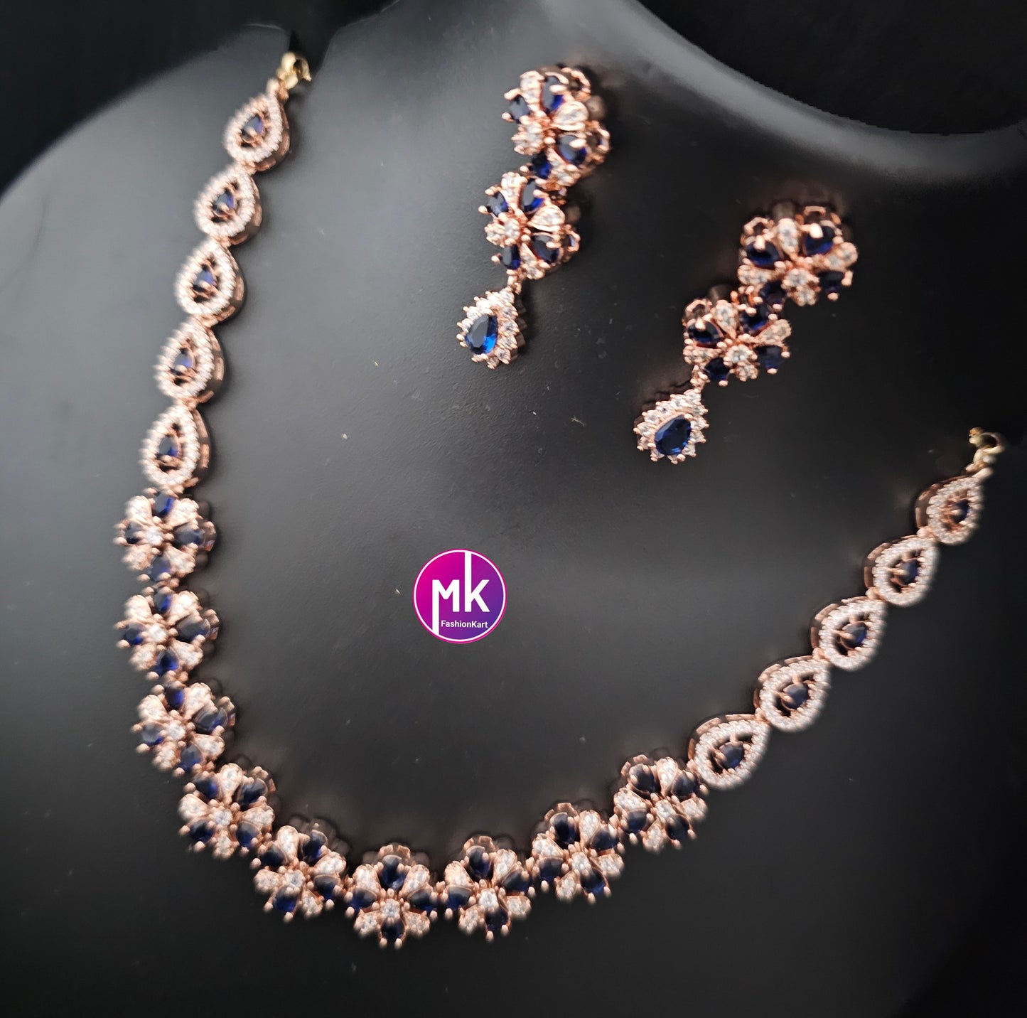 Rose gold American Diamond and Cubic Zirconia Blue with white stone Necklace with Earrings - Adult cum Teen Necklace - MK Fashionkart