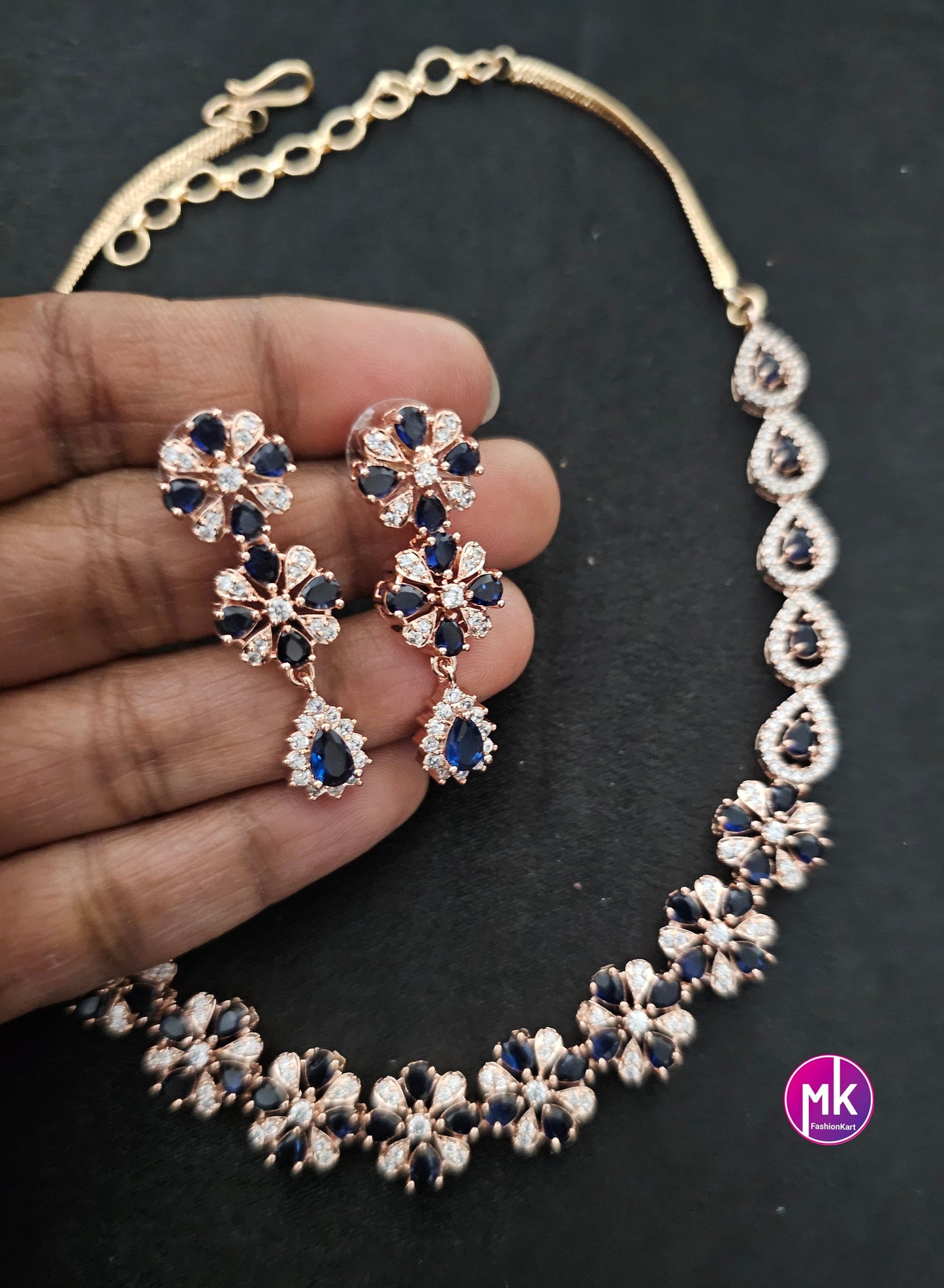 Rose gold American Diamond and Cubic Zirconia Blue with white stone Necklace with Earrings - Adult cum Teen Necklace - MK Fashionkart