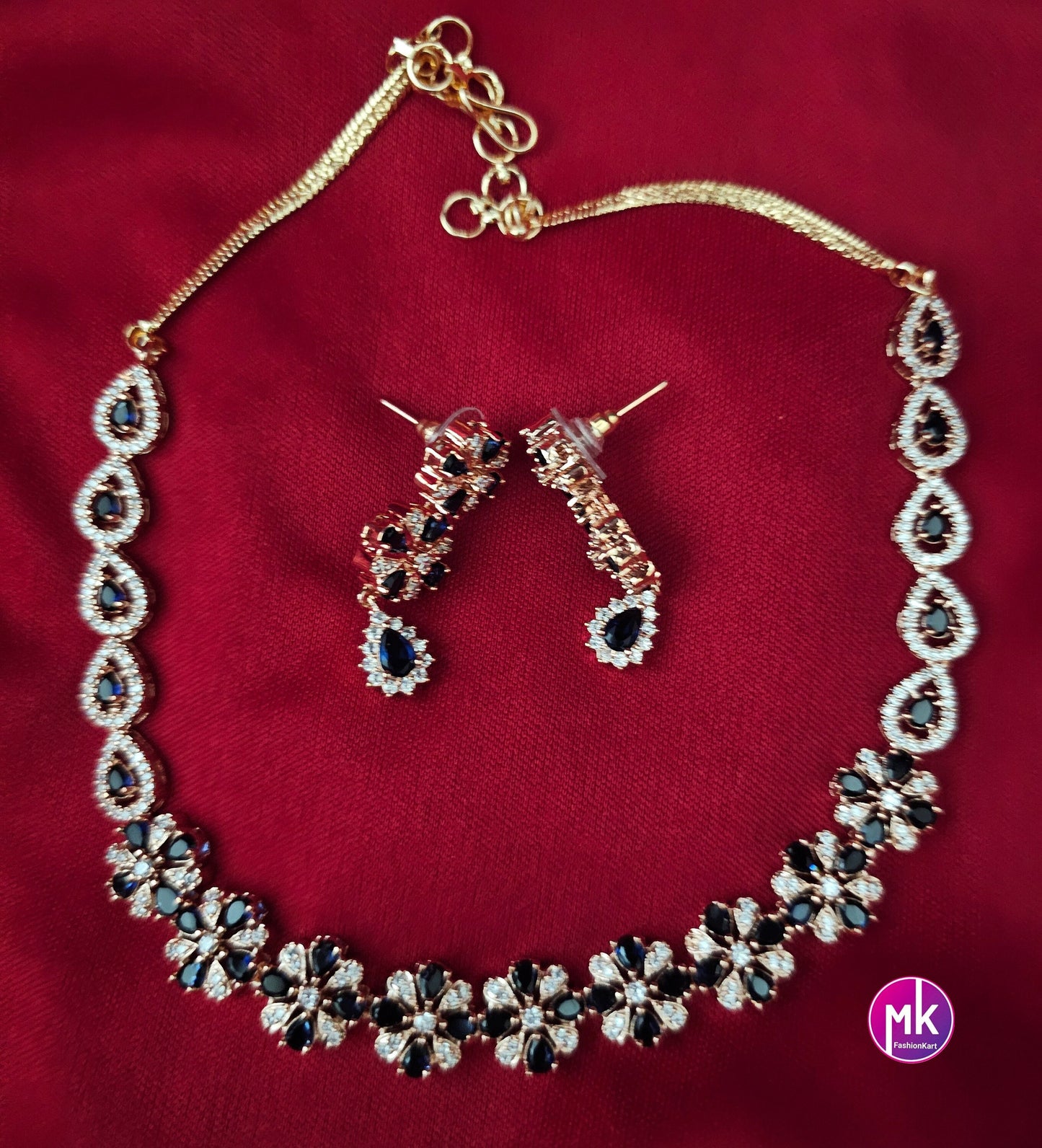 Rose gold American Diamond and Cubic Zirconia Blue with white stone Necklace with Earrings - Adult cum Teen Necklace - MK Fashionkart