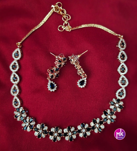 Rose gold American Diamond and Cubic Zirconia Blue with white stone Necklace with Earrings - Adult cum Teen Necklace - MK Fashionkart