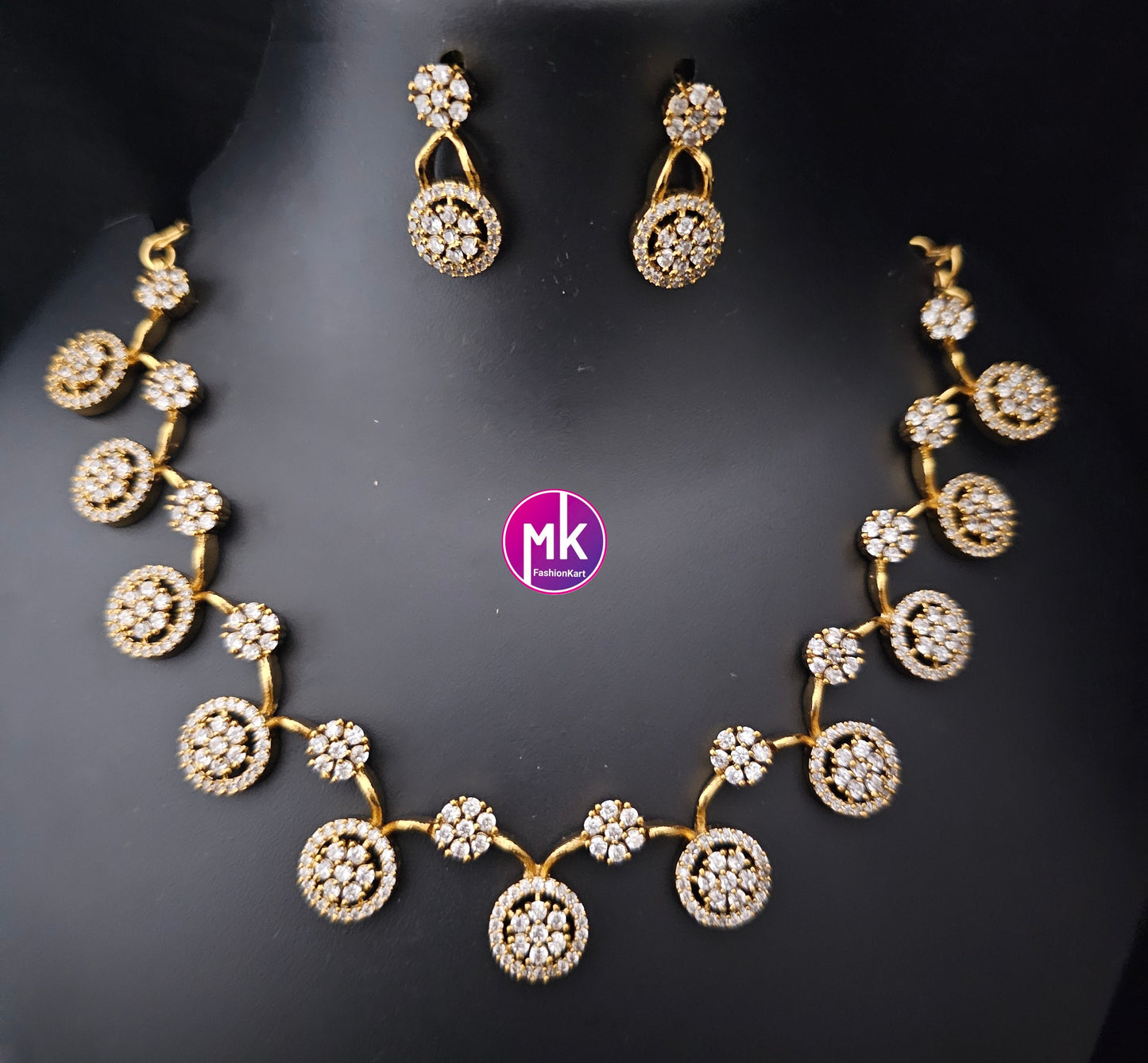 Flower type Matte Gold finish AD stone necklace w matching Earrings - Traditional Trendy Necklace - Adult cum Teen Necklace - MK Fashionkart